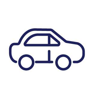 Simple dark blue icon of a car with two wheels and a window.