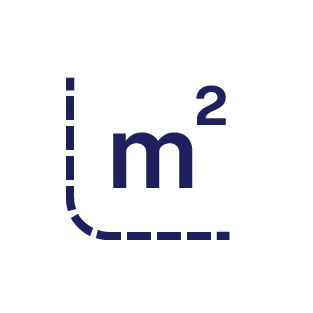 Icon representing square meters with m squared symbol enclosed by L-shaped dashed lines.