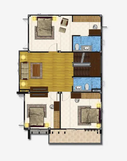 Floor plan showing three bedrooms, two bathrooms, a living area with sofa and coffee table, and a balcony.