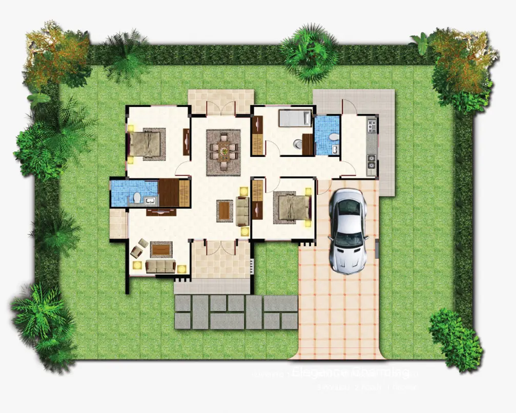 Top-down view of a single-story house floor plan with two bedrooms, two bathrooms, a living room, dining area, kitchen, garage, and surrounding garden area with trees and grass.