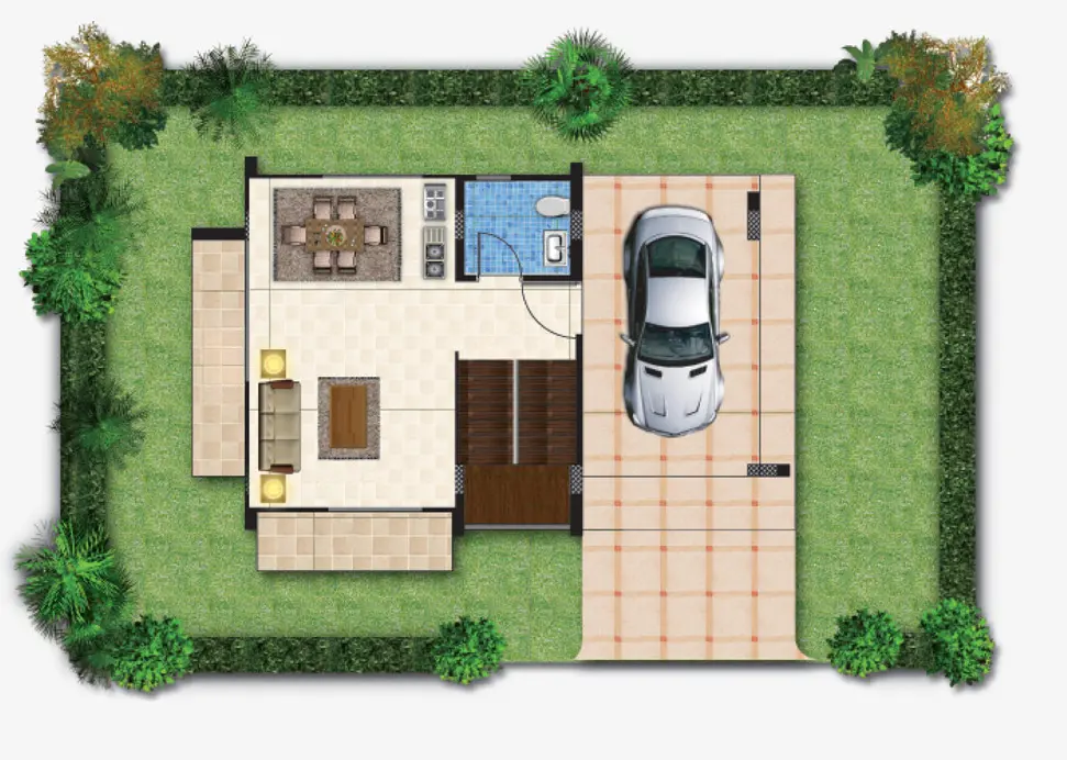 Top-down architectural floor plan of a small house with a living room, dining area, kitchen, bathroom, car parked on driveway, and surrounding garden with bushes and trees.