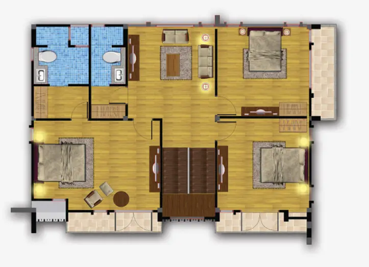 Floor plan of an apartment with three bedrooms, a central living room with two sofas and a coffee table, and two bathrooms with blue tile floors.