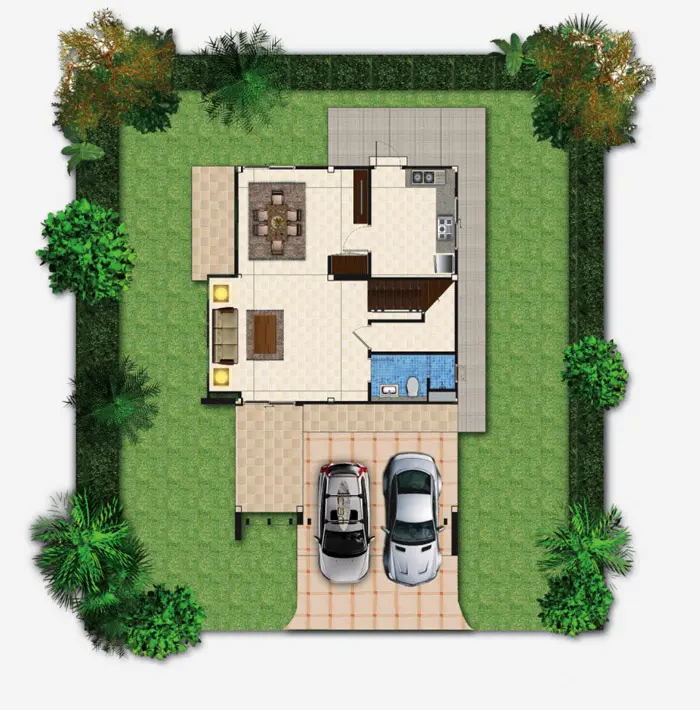 Top-down floor plan of a house with a living room, dining area, kitchen, bathroom, parking space for two cars, and surrounding green lawn with trees.