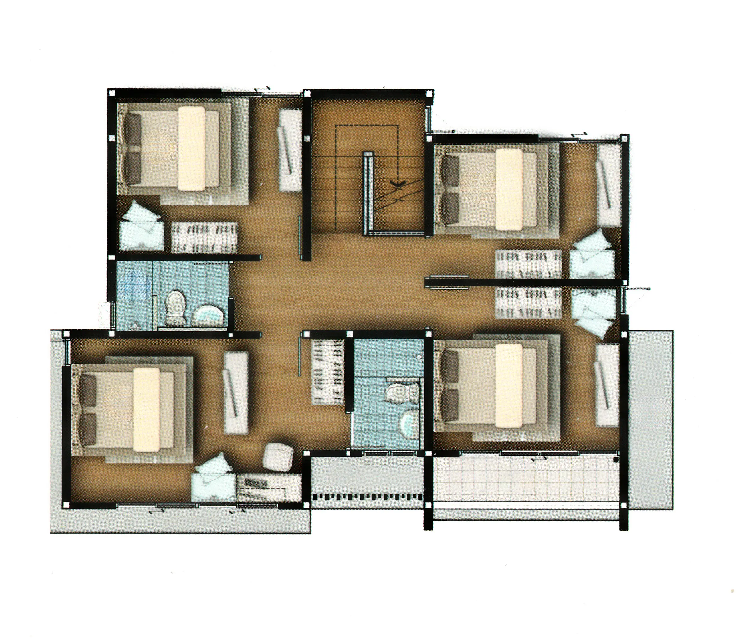 Floor plan showing four bedrooms, two bathrooms, stairway in center, and balcony.
