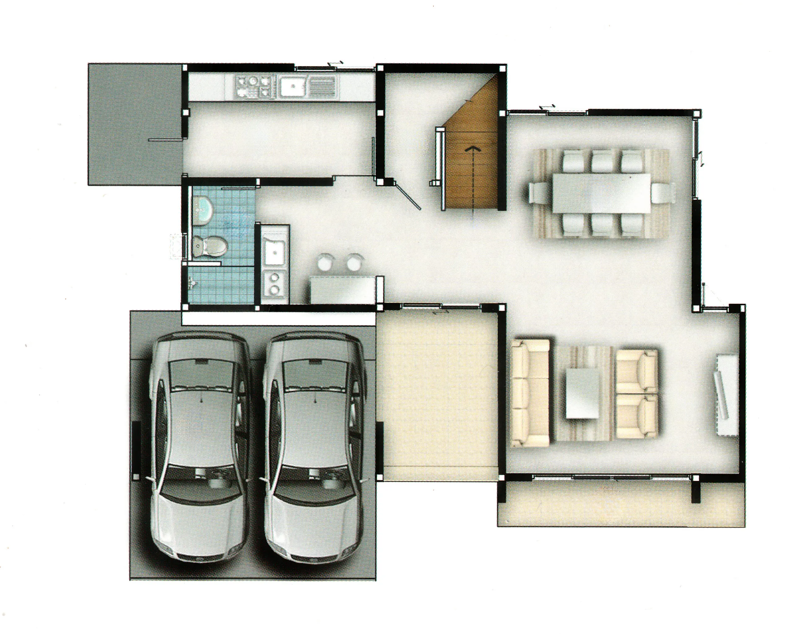 Floor plan showing a two-car garage, adjacent kitchen with appliances, dining area with table and six chairs, living room with sofa set and coffee table, small bathroom, and staircase going up.