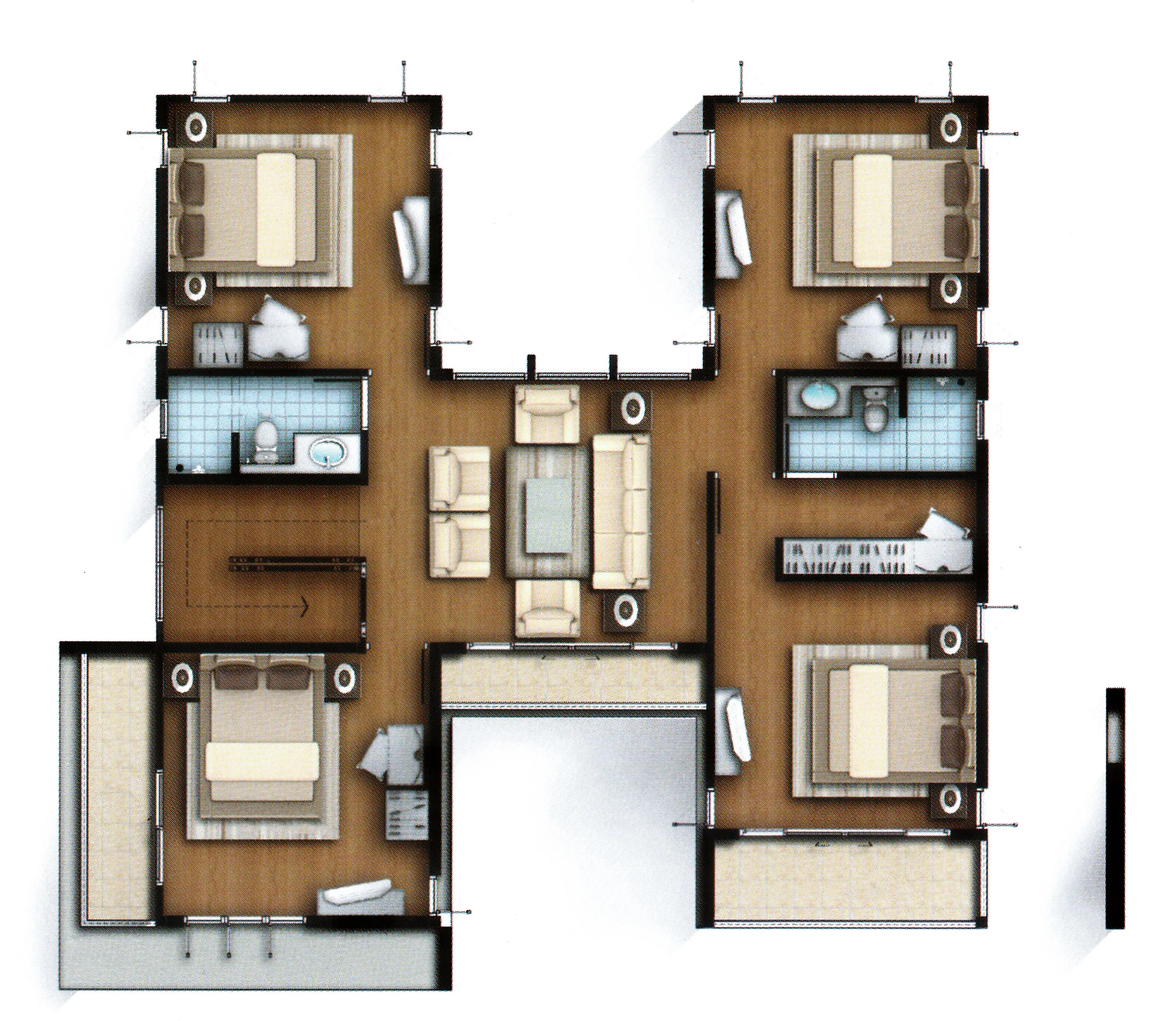 Floor plan of a four-bedroom apartment with a central living room featuring a sofa, chairs, and a coffee table, two bathrooms with sinks and toilets, and two balconies.