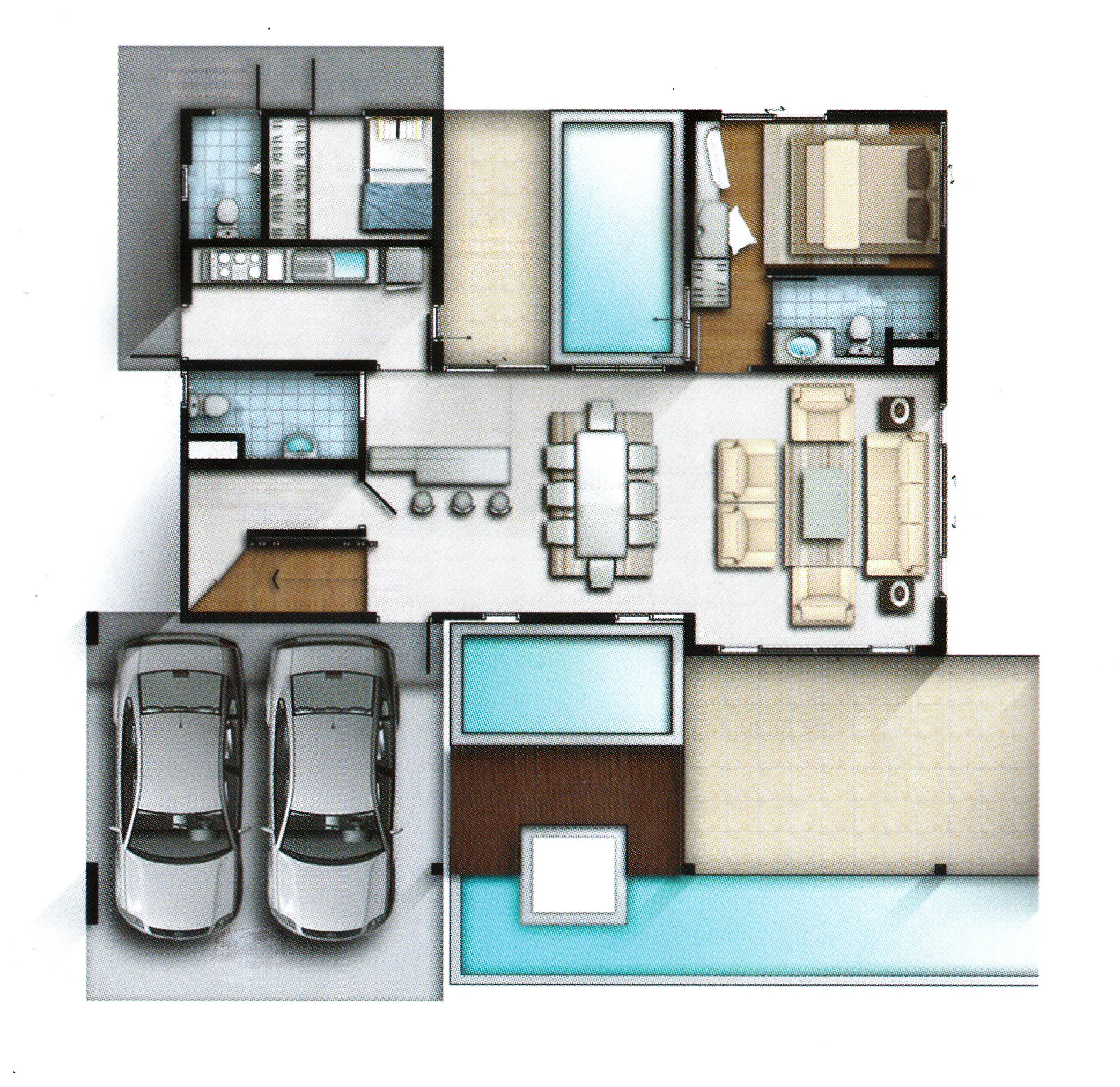 Floor plan showing a two-car garage, kitchen with breakfast bar, dining area, living room, two bathrooms, two bedrooms, and outdoor patio with pool.