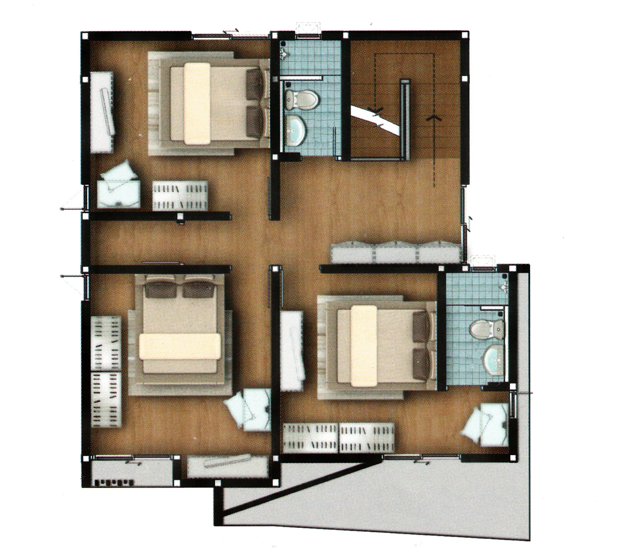 Floor plan showing three bedrooms, two bathrooms, and a staircase in a wood-floored layout.