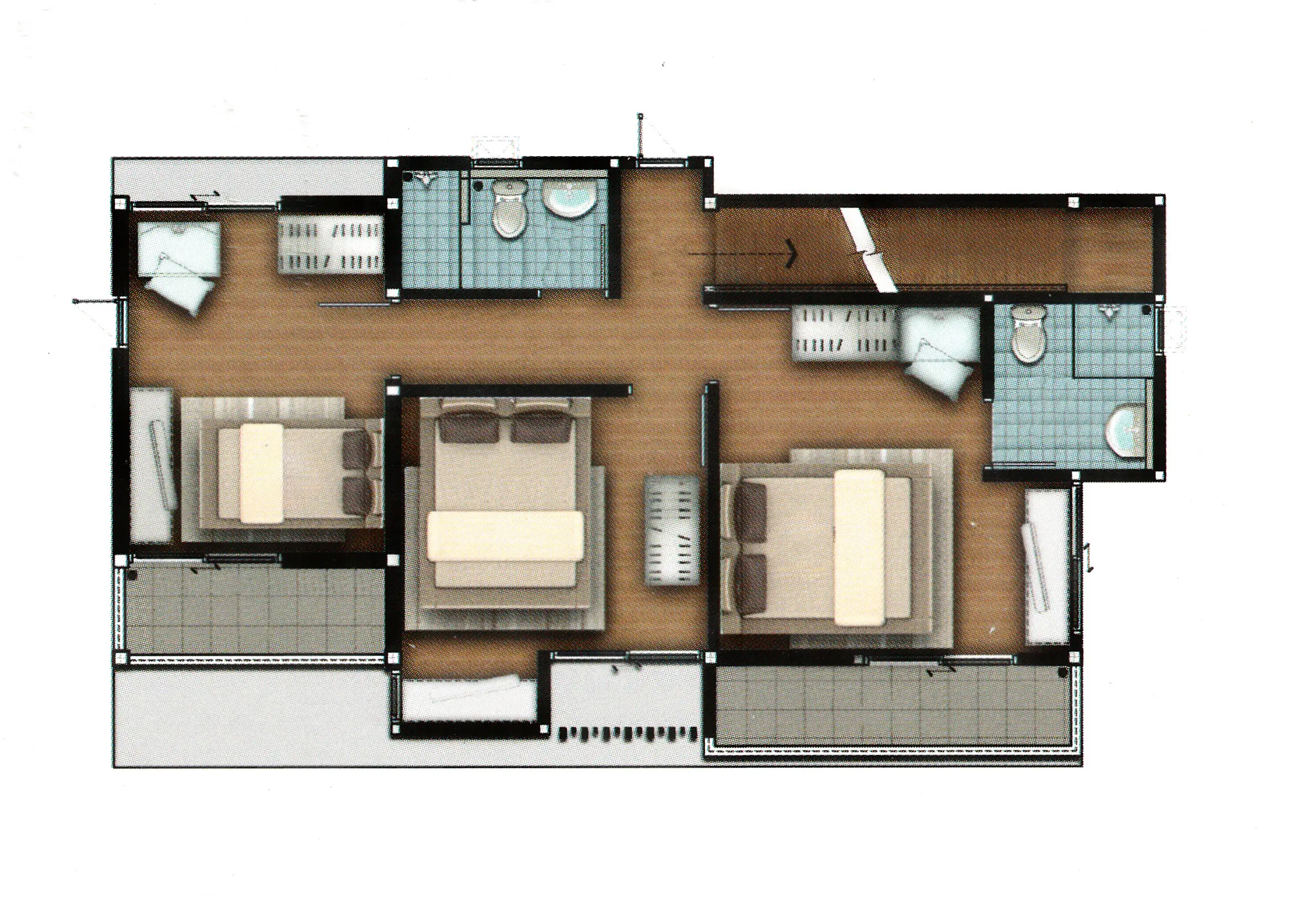 Floor plan of an apartment with three bedrooms, two bathrooms, wardrobes, and two balconies.