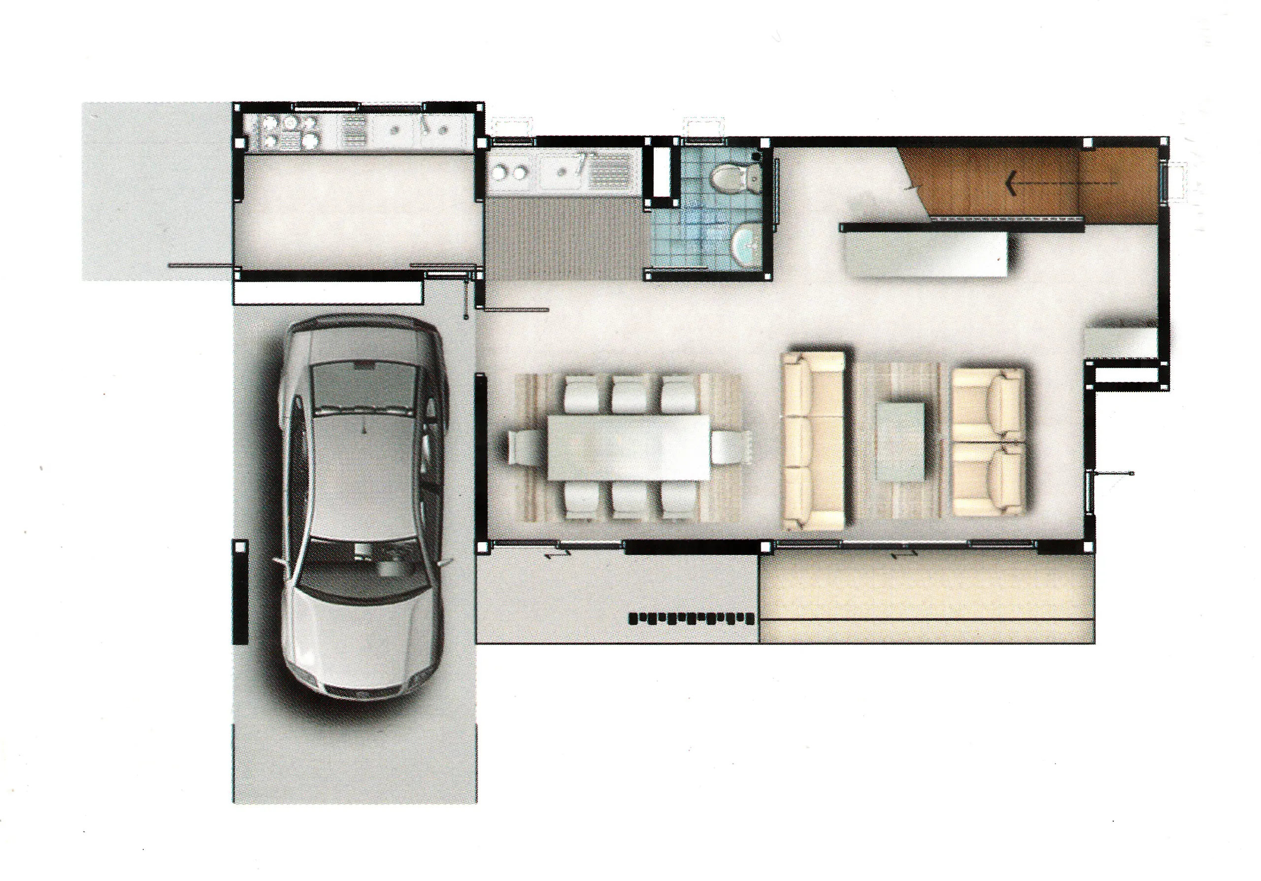 Floor plan showing a garage with a car, dining area with table and six chairs, living area with sofas and coffee table, kitchen, bathroom, and staircase.