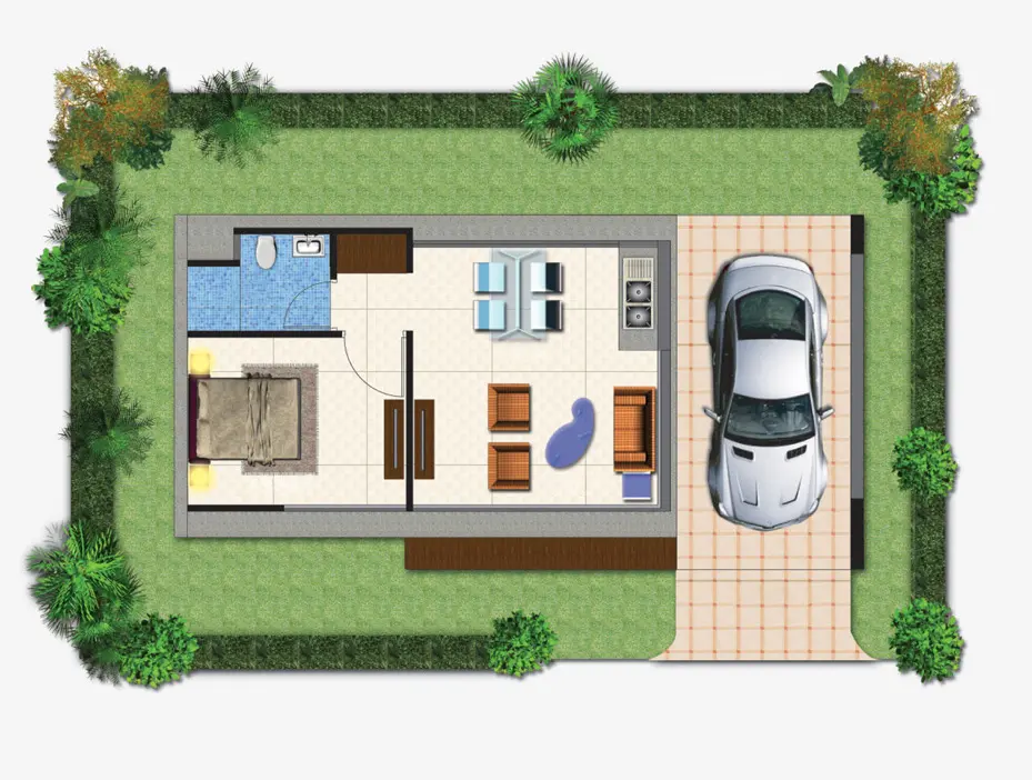 Top-down view of a small house floor plan with a bedroom, bathroom, living area, kitchen, and a driveway with a parked silver car, surrounded by grass and bushes.