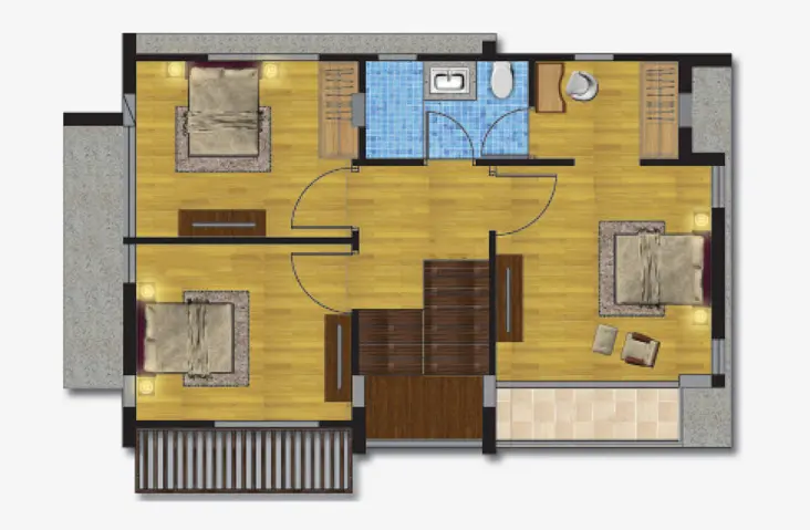Floor plan of a home section showing three bedrooms, a bathroom with sink and toilet, stairway, and balconies or terraces.