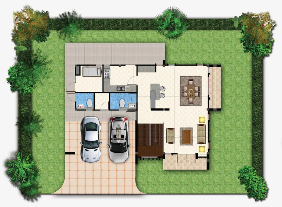 Top view of a house floor plan featuring a two-car garage, kitchen, dining area, living room, two bathrooms, one bedroom, and surrounding green lawn with trees.