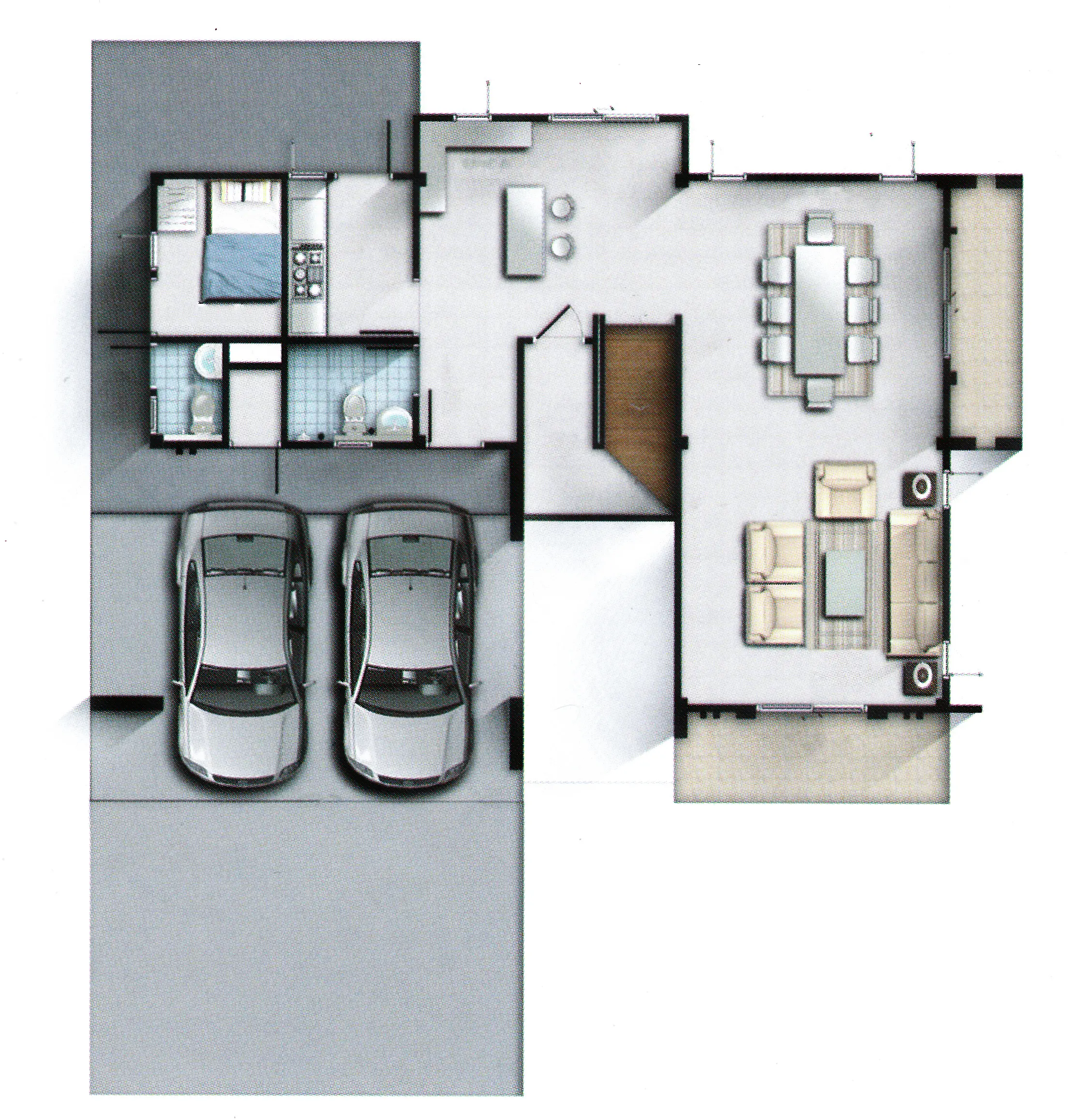 Floor plan showing a two-car garage, one bedroom, two bathrooms, kitchen with island, dining area with table and eight chairs, and living room with sofas and coffee table.