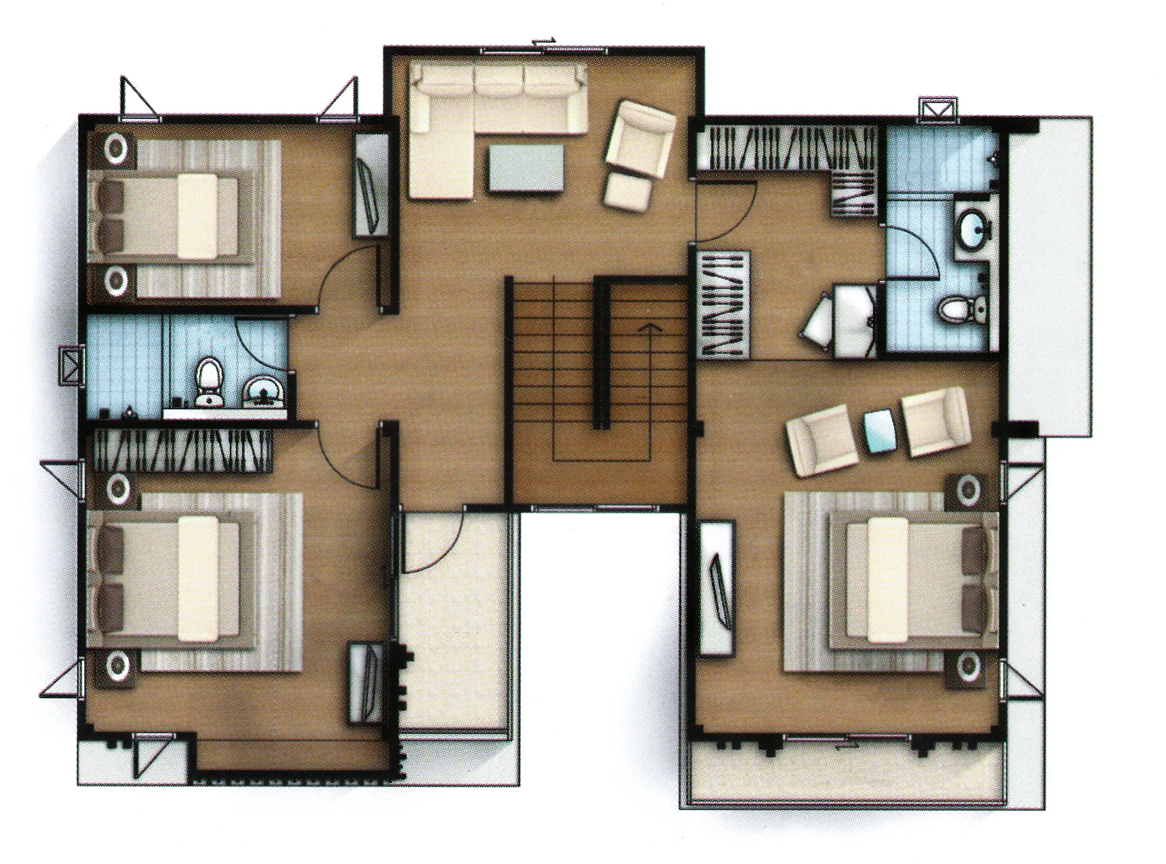 Floor plan of a house with three bedrooms, two bathrooms, a living area with sofa and chair, and a central staircase.