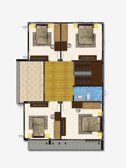 Floor plan showing four bedrooms, a central hallway with wood flooring, and a bathroom with blue tiles in one corner.