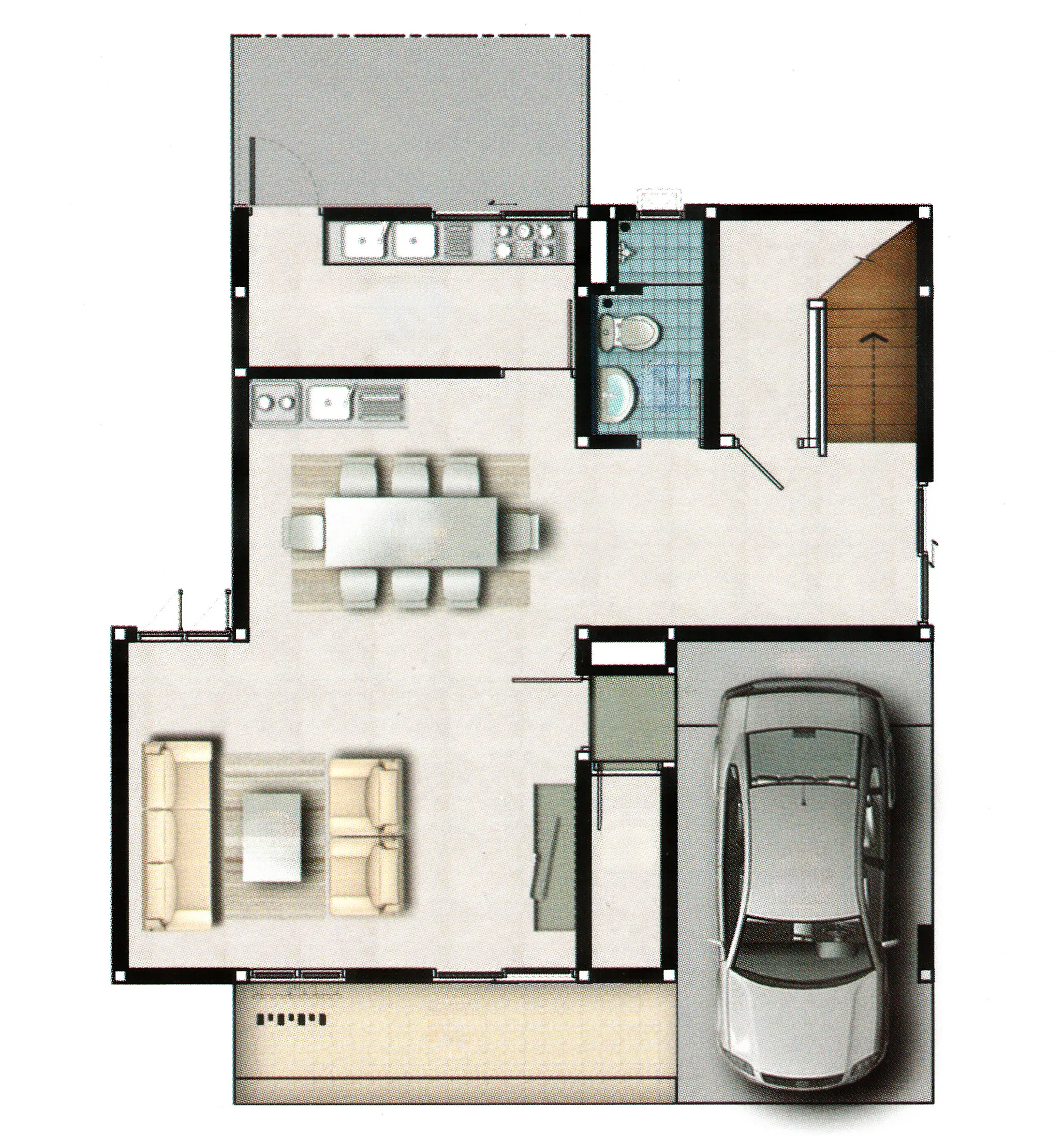 Floor plan showing a garage with a car, living room with beige sofas and coffee table, dining area with table and six chairs, kitchen with sink and stove, half bathroom, and staircase.