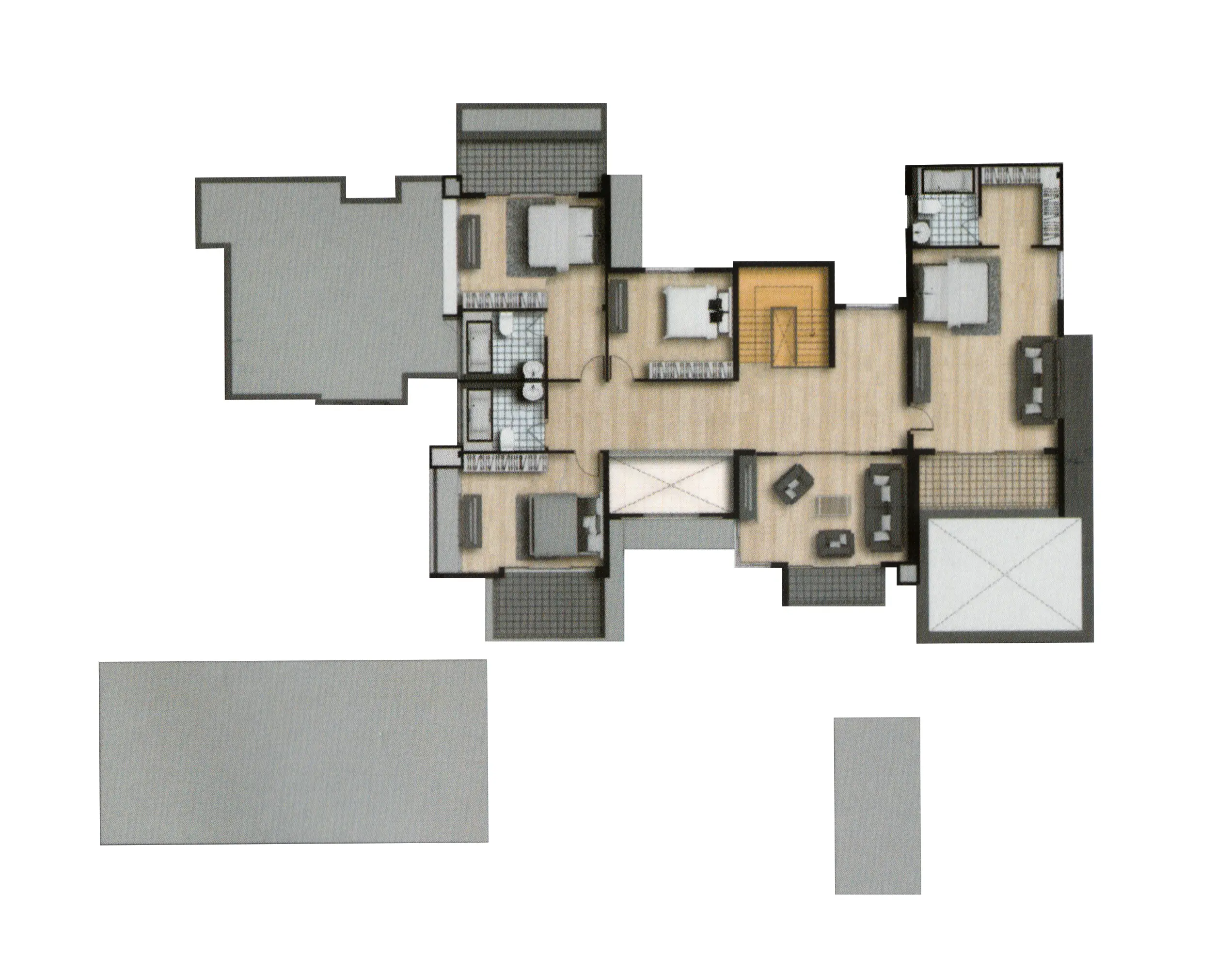Floor plan showing a layout with four bedrooms, two bathrooms, a living area with furniture, and balconies on different sides.