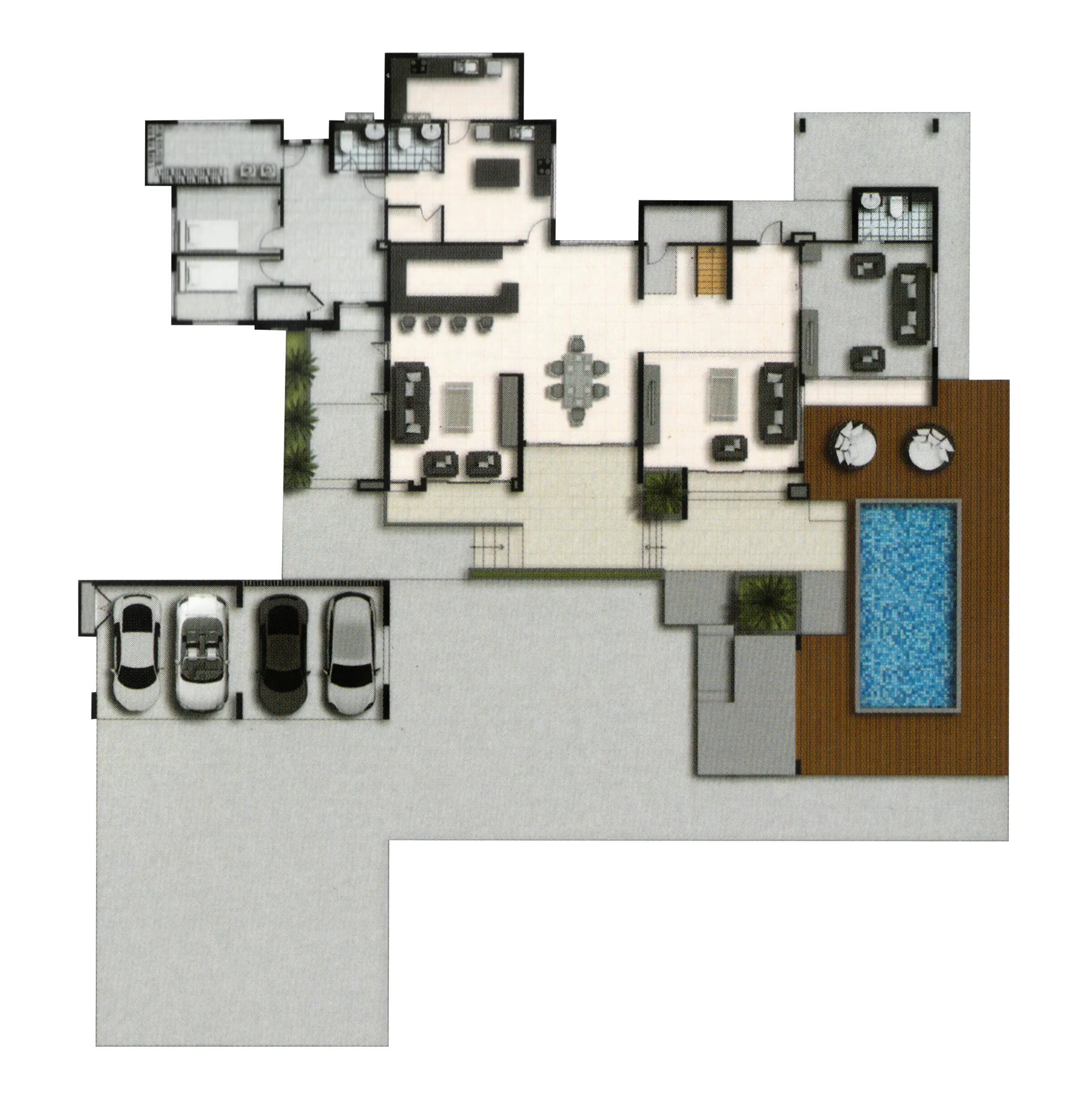 Floor plan of a house showing a garage with four cars, multiple living areas, a kitchen, dining area, bedrooms, bathrooms, a pool with deck, and outdoor seating.