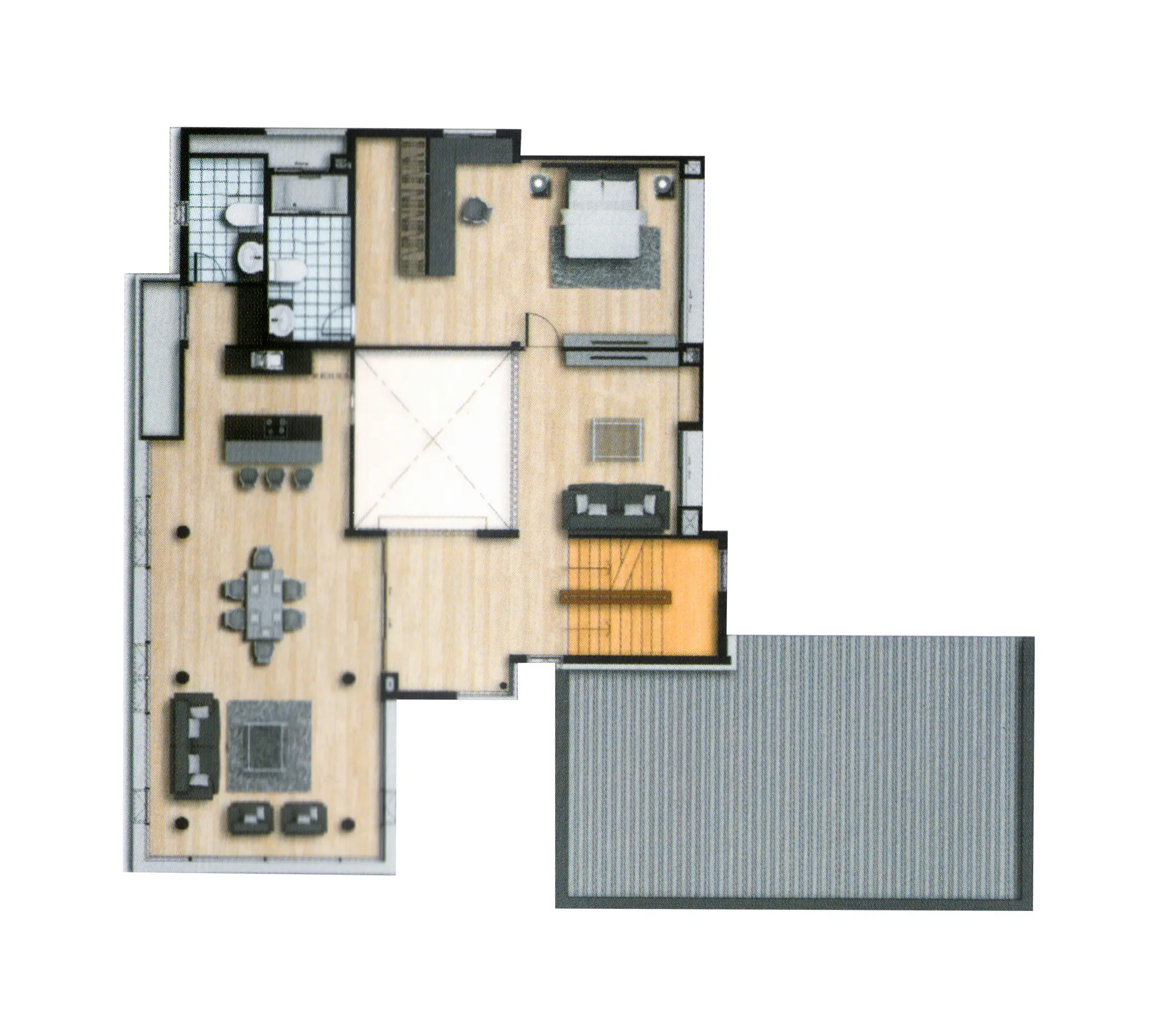 Floor plan showing a layout with a bedroom, two bathrooms, a kitchen with an island and bar stools, dining area, living room, and staircase, with wood flooring.