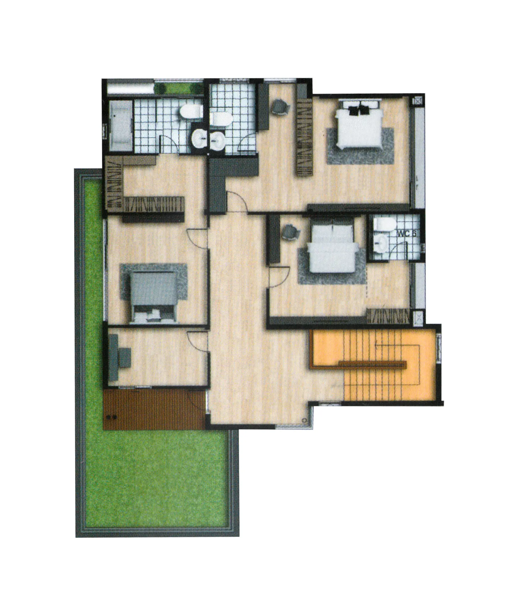 Floor plan of a house with three bedrooms, three bathrooms, a staircase, and a garden area with patio.