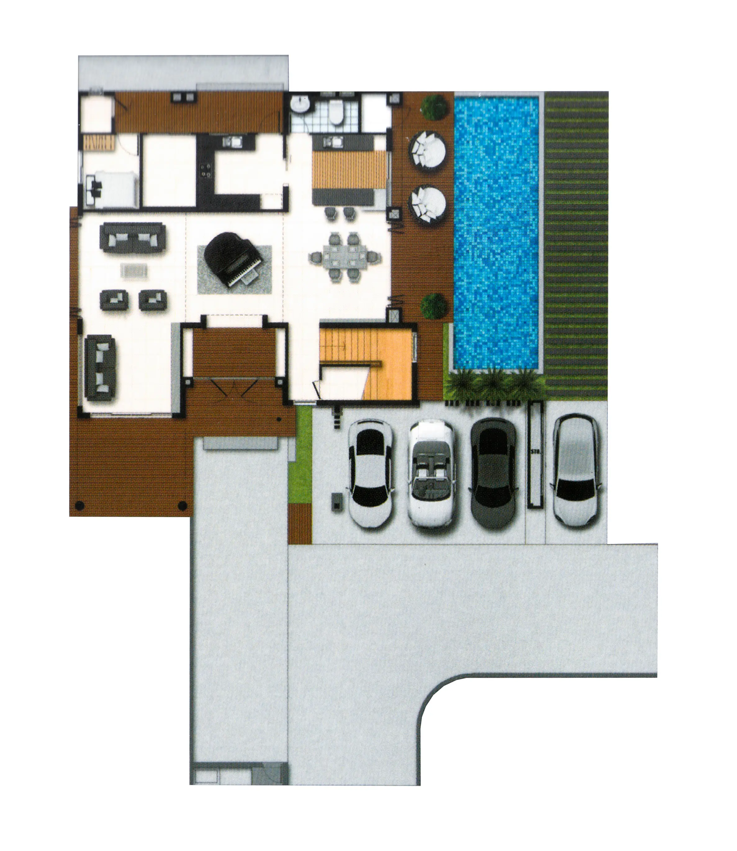 Floor plan showing a house layout with living room, dining area, kitchen, bathroom, four-car parking, and a pool with adjacent outdoor seating area.