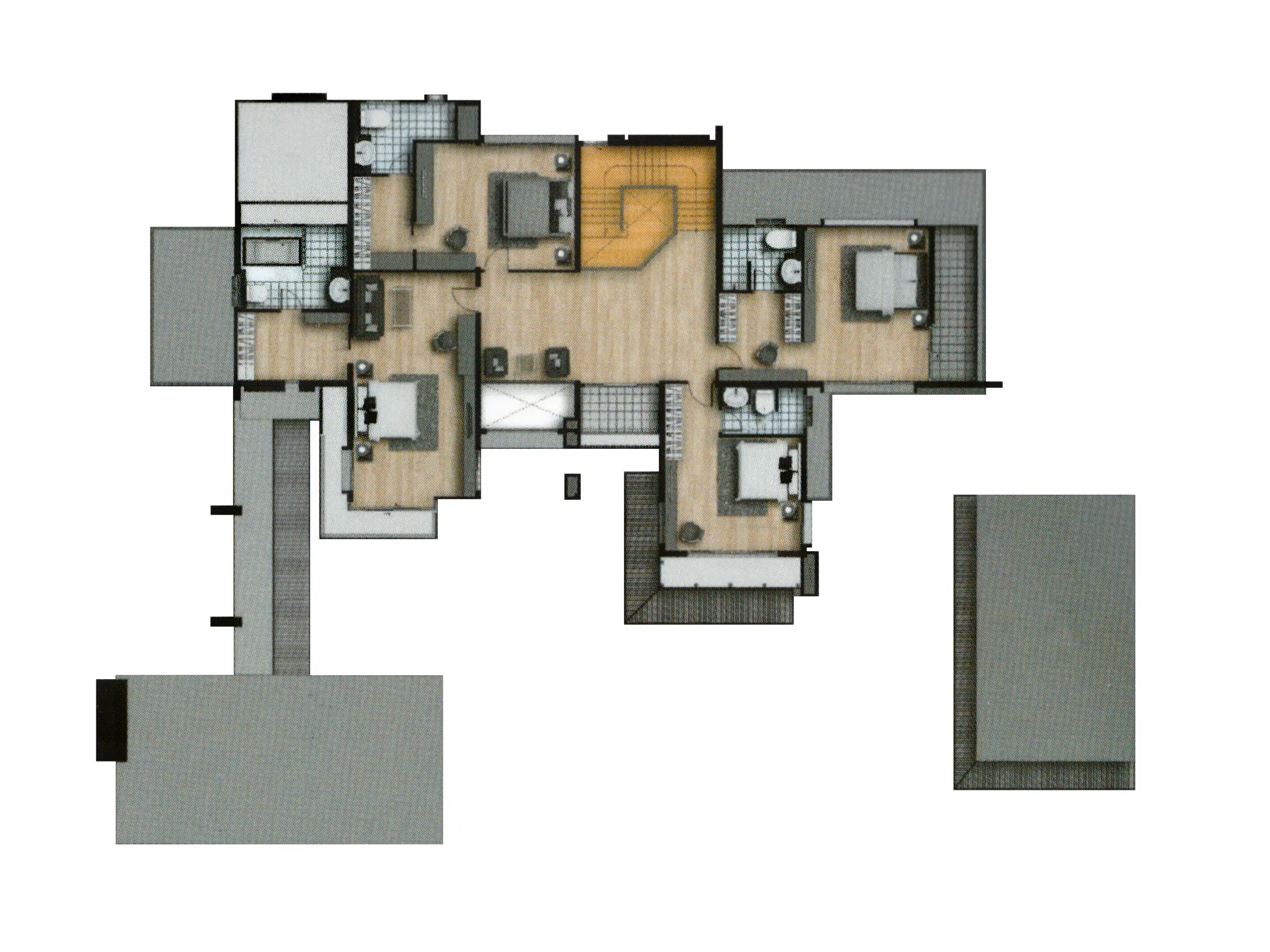 Floor plan of a residential layout showing three bedrooms each with attached bathrooms, a central staircase, and hallways connecting the rooms.