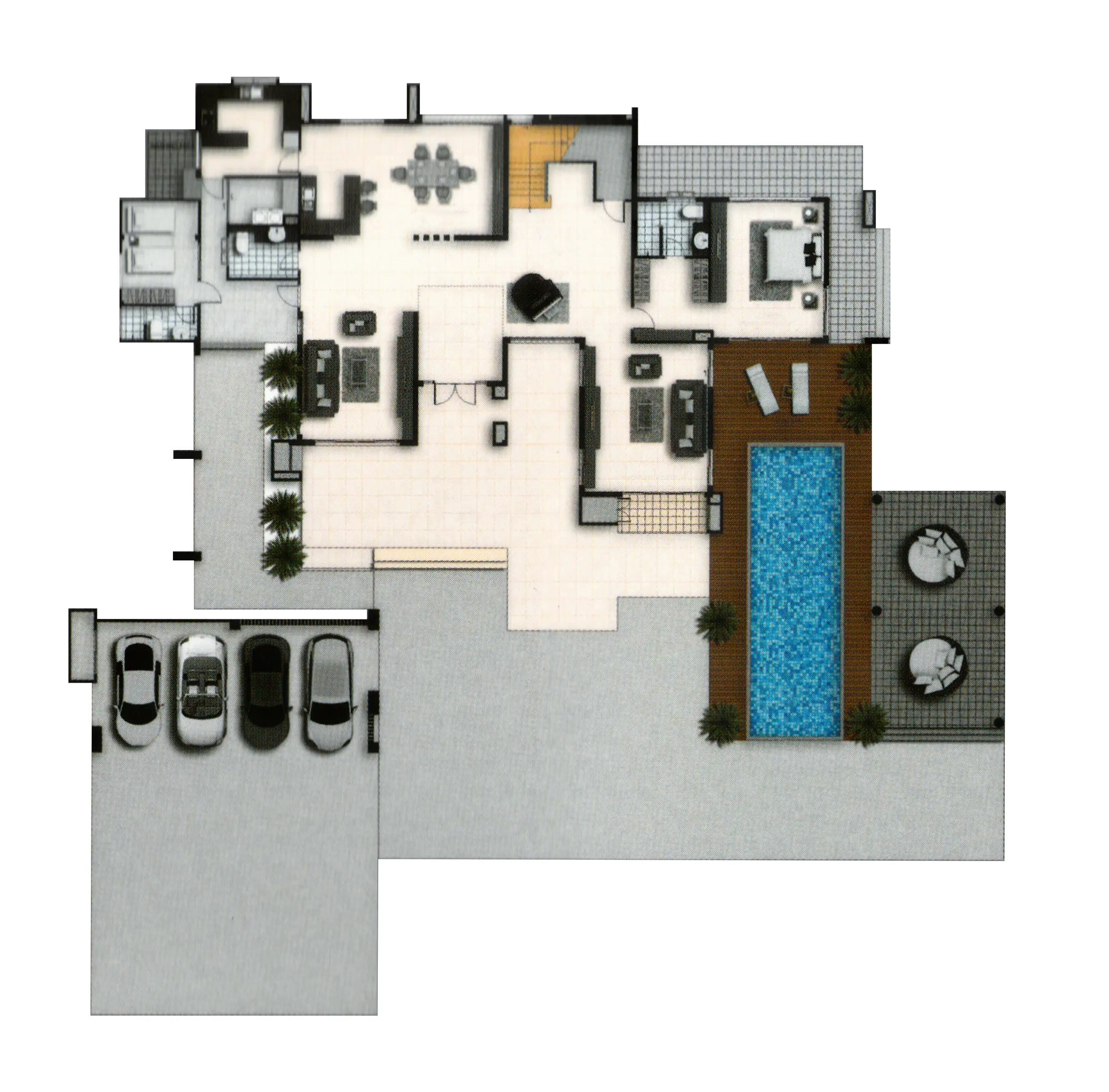 Floor plan of a house featuring a four-car garage, living and dining areas, kitchen, multiple bathrooms, a piano, an outdoor pool with lounge chairs, and a patio with round seating.