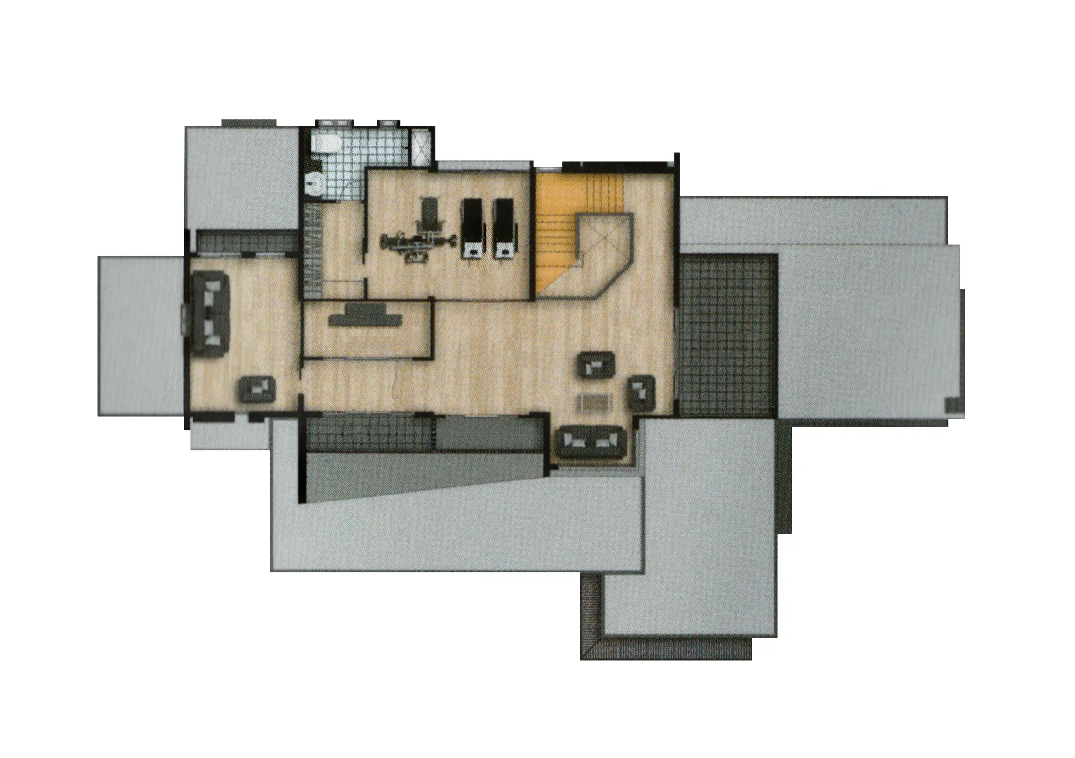 Architectural floor plan showing a gym area with exercise machines, seating areas with sofas and chairs, a stairwell, and a bathroom.