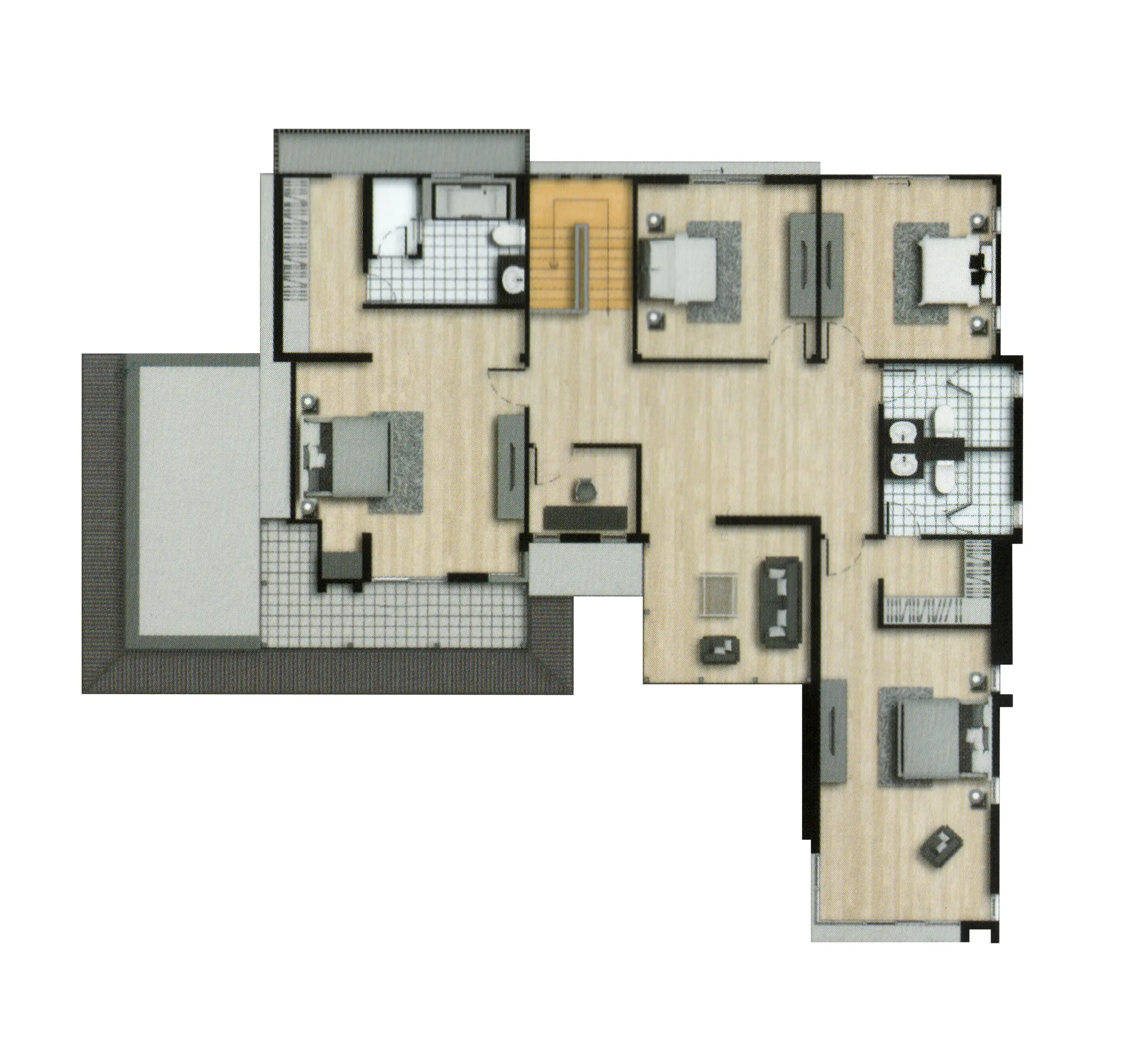 Floor plan showing a layout with four bedrooms, two bathrooms, a living area, and two balcony spaces.