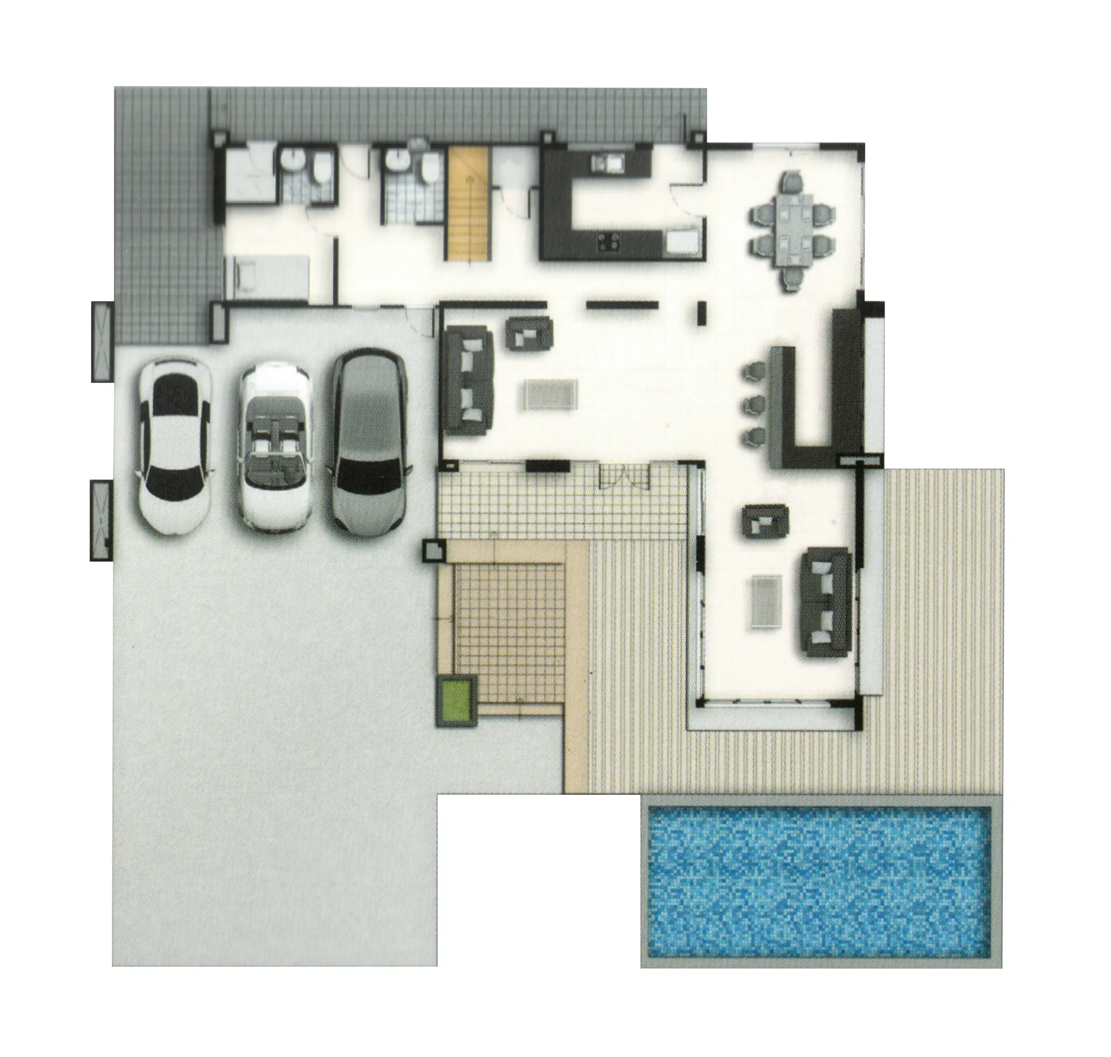 Floor plan showing a three-car garage, two bathrooms, a stairway, kitchen with dining area, living room, patio, and outdoor pool.