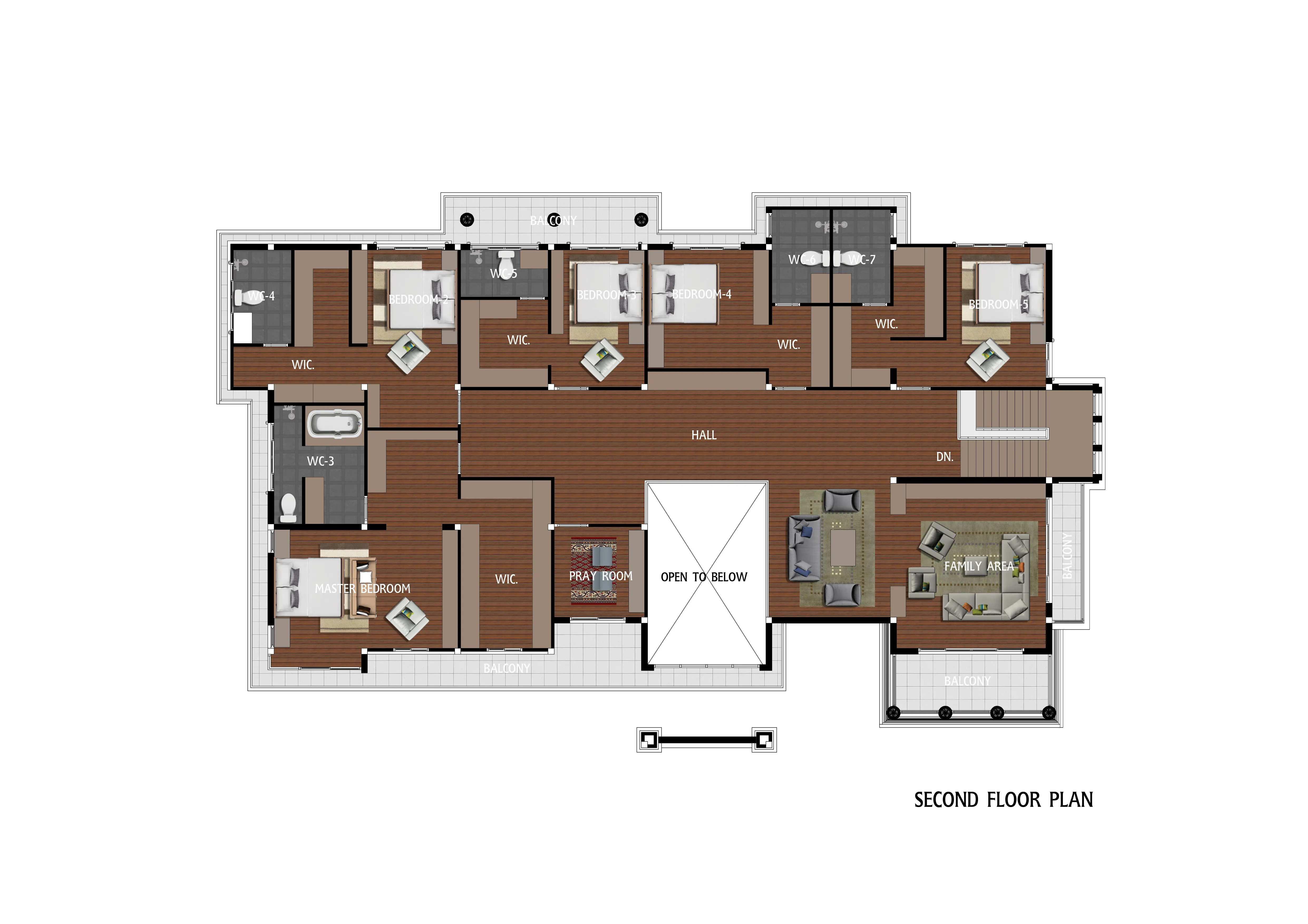 Architectural second floor plan showing master bedroom, four additional bedrooms, multiple walk-in closets, bathrooms, a family area, prayer room, hall, and balconies.