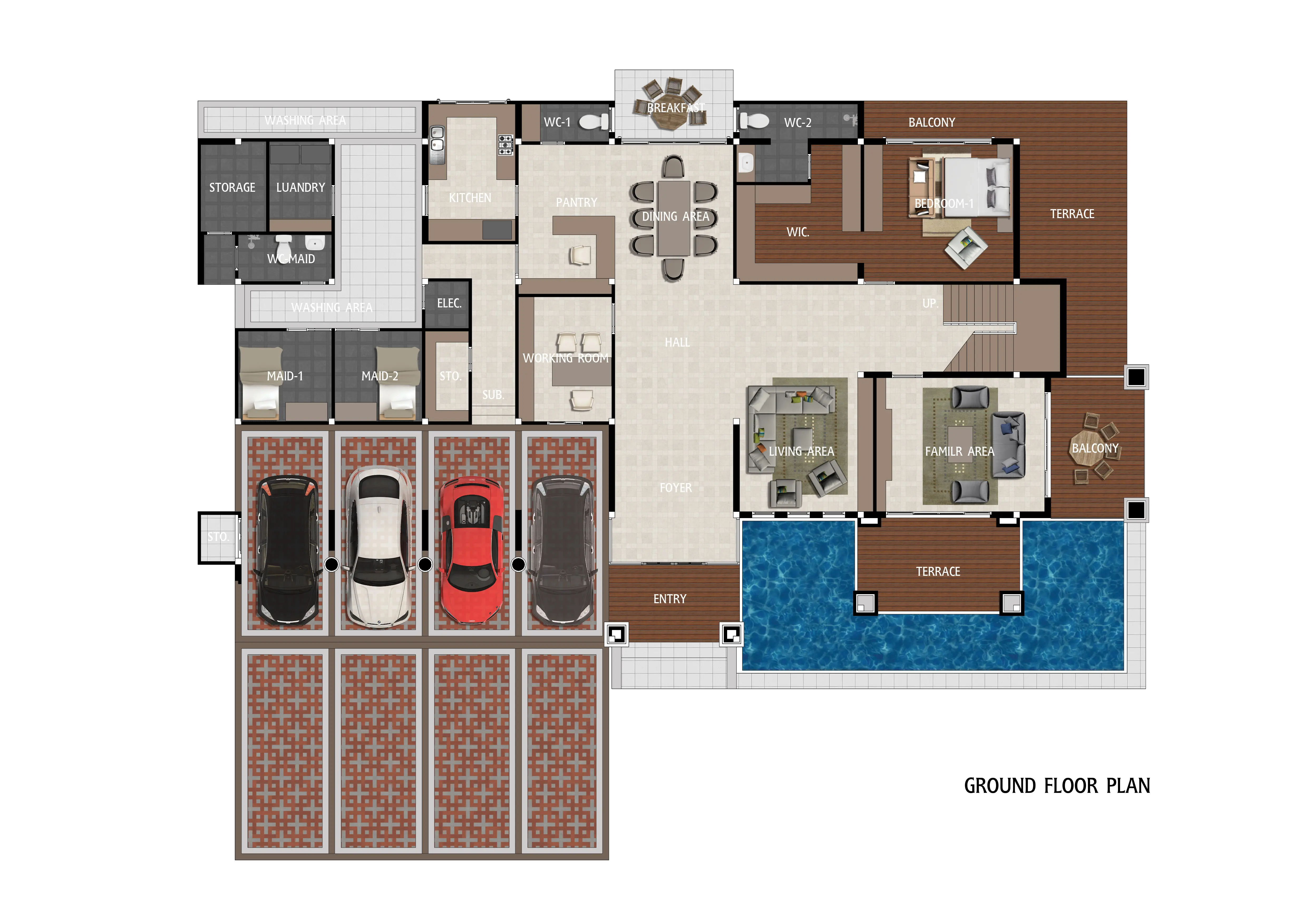 Ground floor plan showing four-car garage, maid rooms, kitchen, pantry, dining area, working room, living and family areas, one bedroom with balcony, terraces around a water feature, and multiple bathrooms.