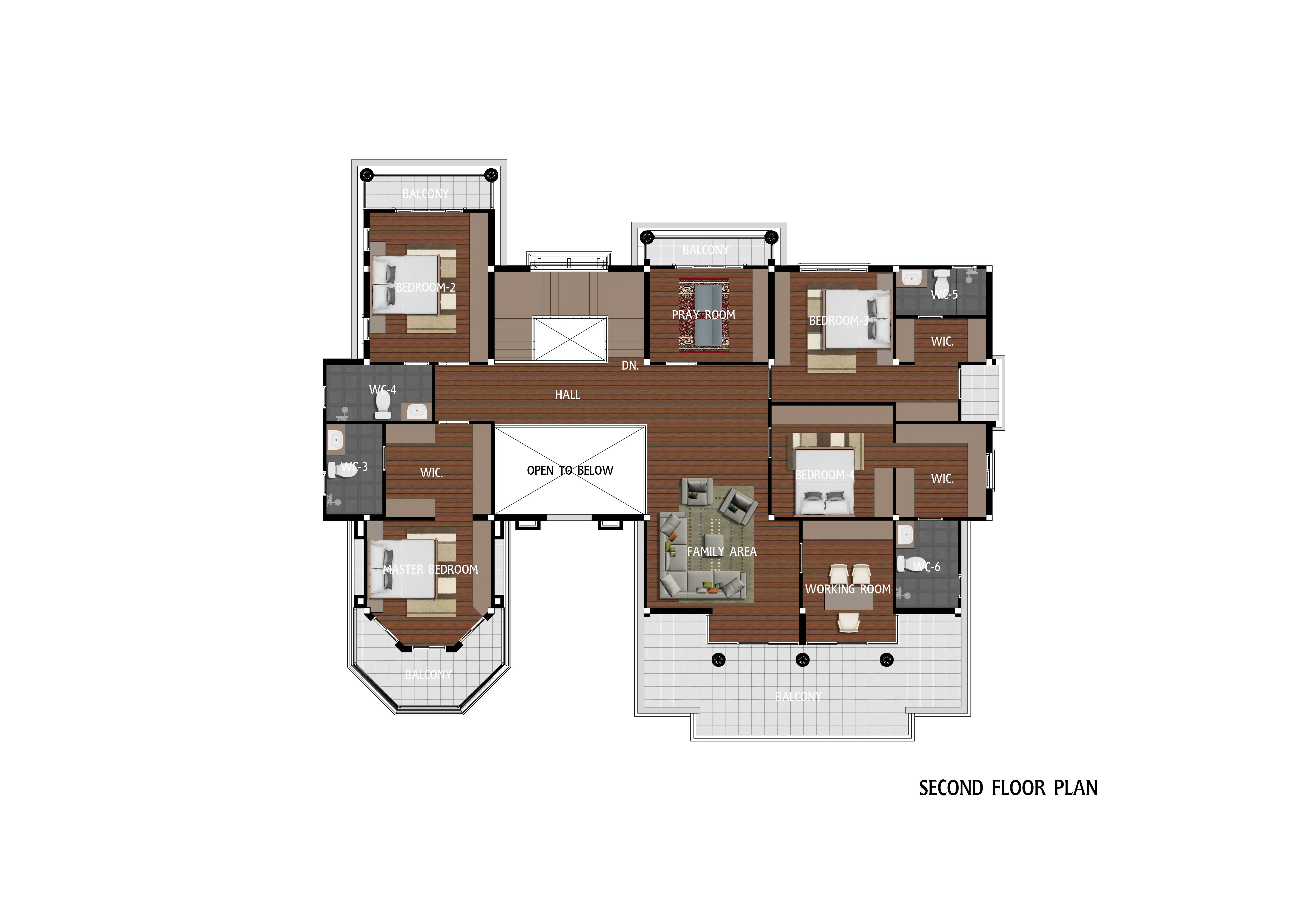 Second floor plan featuring four bedrooms, family area, working room, prayer room, multiple balconies, and several walk-in closets and bathrooms.