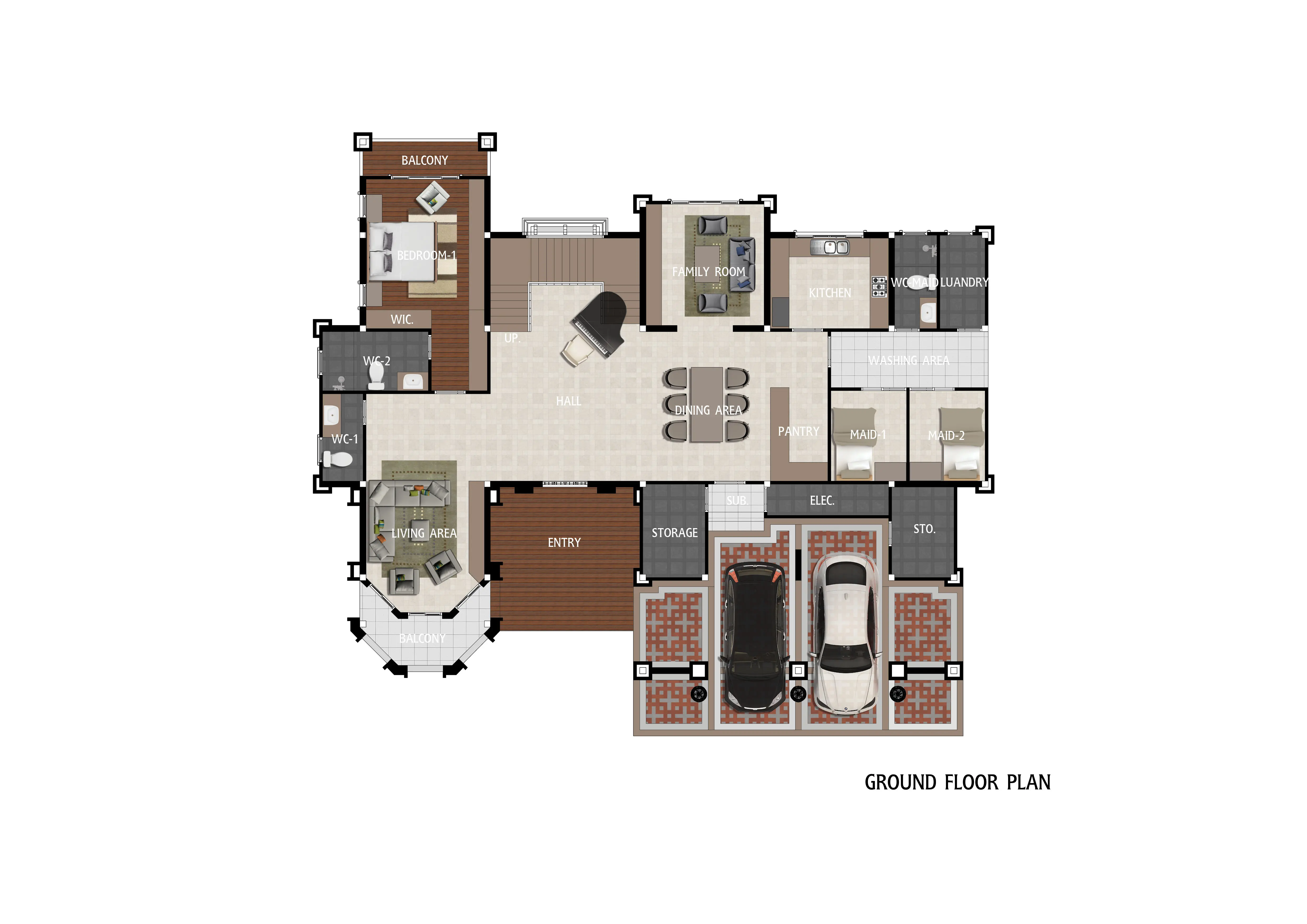 Ground floor plan showing two-car garage, entry, living area with balcony, bedroom with balcony and walk-in closet, hall with piano, family room, kitchen, dining area, pantry, two maid rooms, laundry, two WC, storage, and washing area.