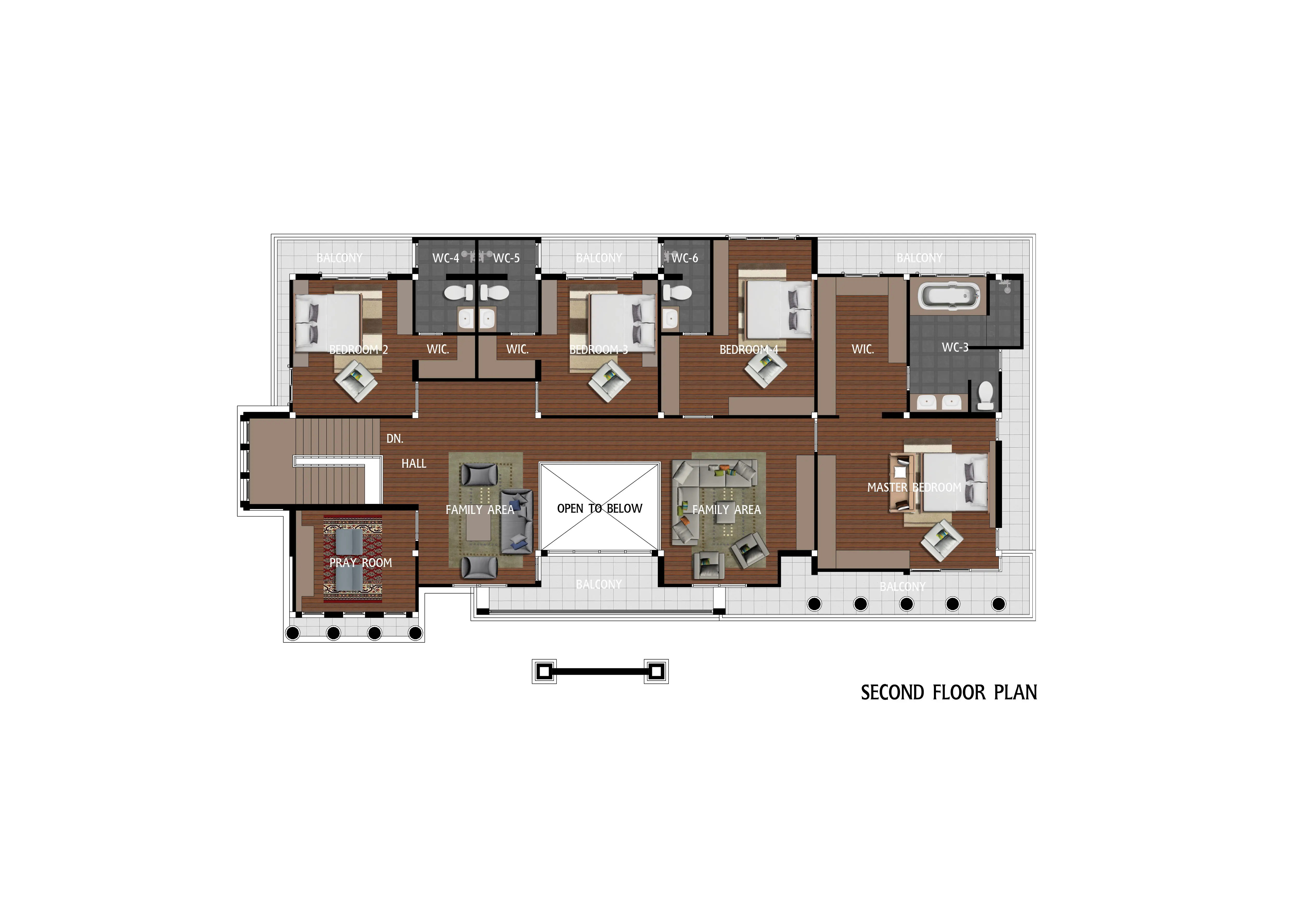 Second floor plan with master bedroom, three additional bedrooms, multiple bathrooms, walk-in closets, two family areas, a prayer room, hall, and balconies.