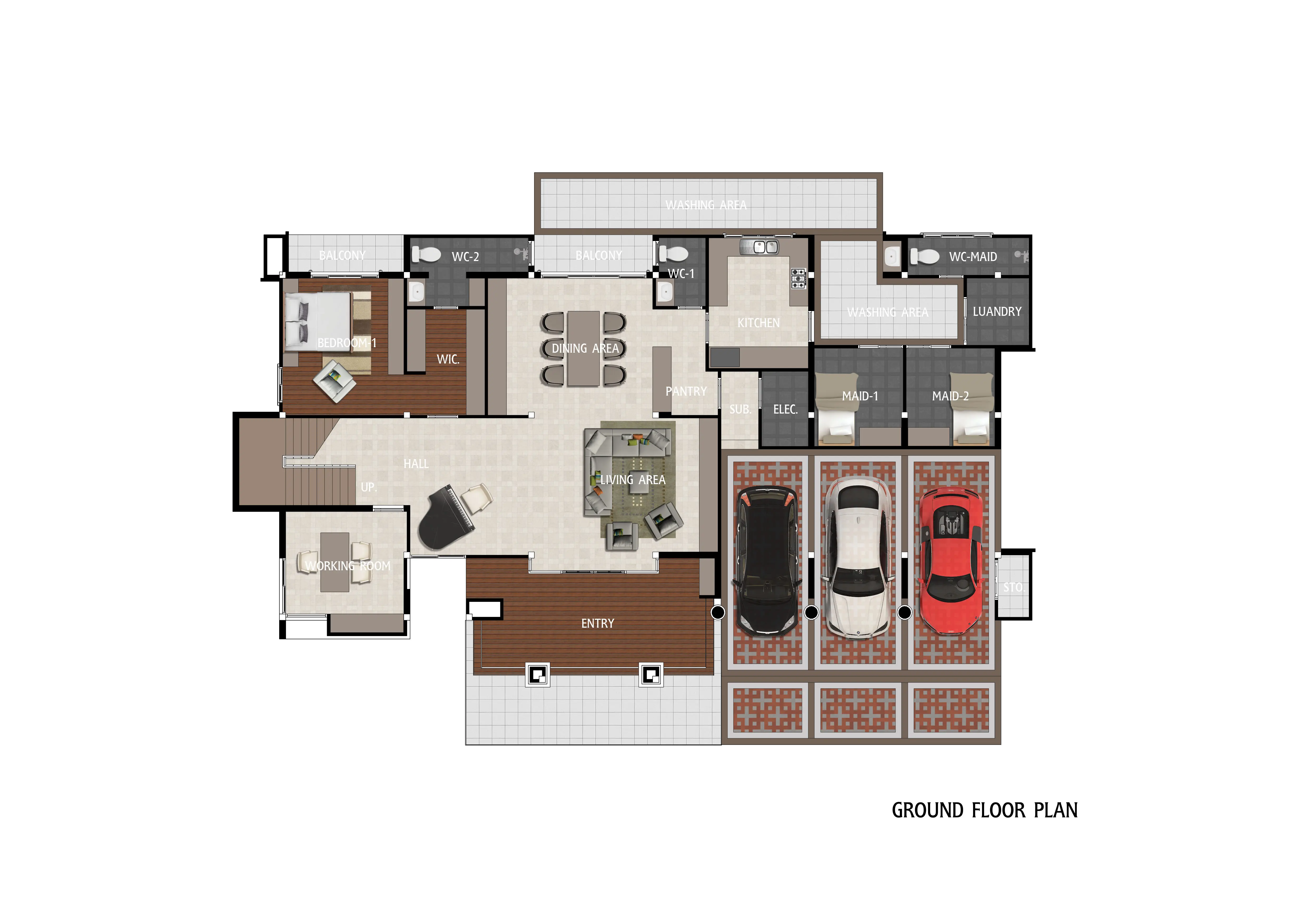 Ground floor plan showing entry porch, living area, dining area, kitchen, pantry, working room, bedroom with walk-in closet, three-car garage, two maid rooms, laundry, and balconies.