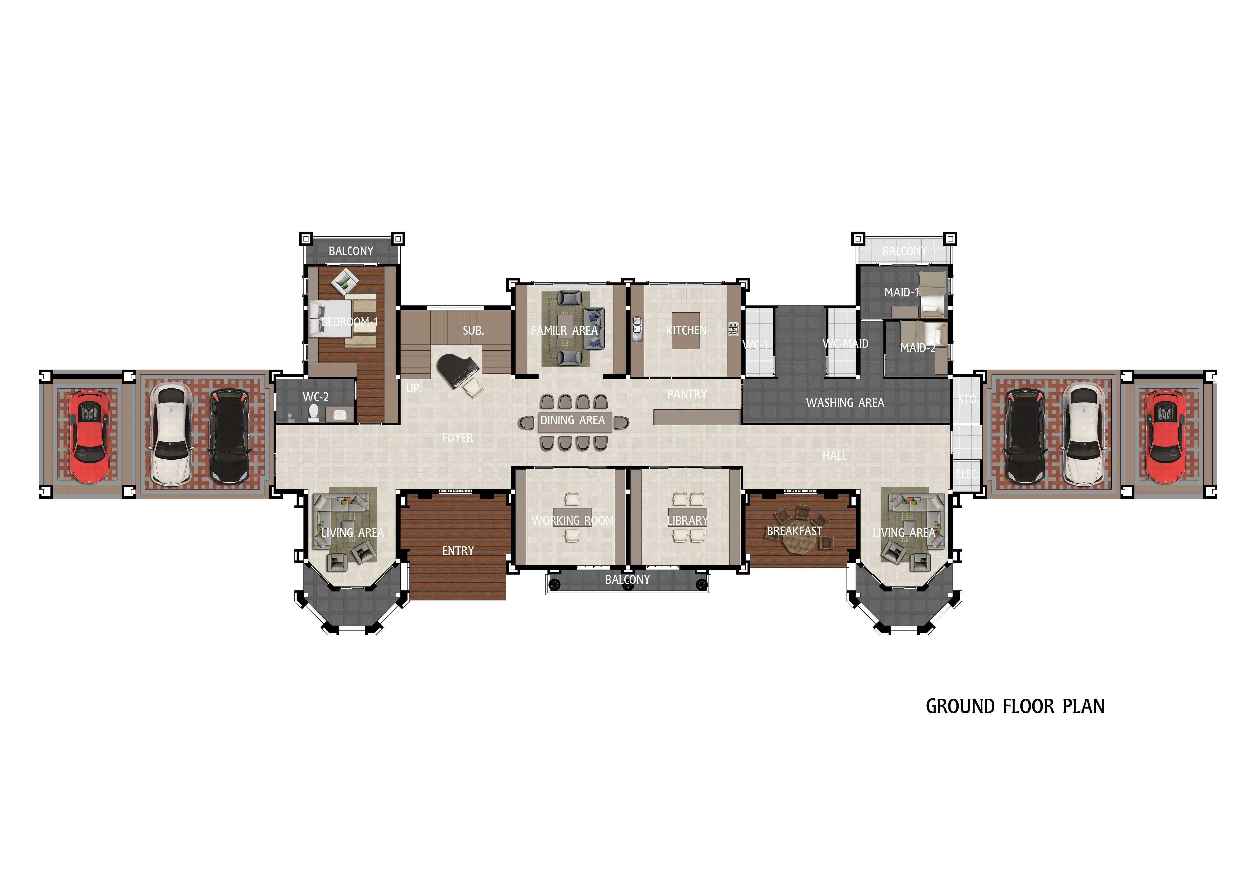 Ground floor plan of a house including entry, living areas, bedroom, family area, kitchen, dining, working room, library, breakfast area, maid rooms, washing area, balconies, three-car garages on each side, and two bathrooms.