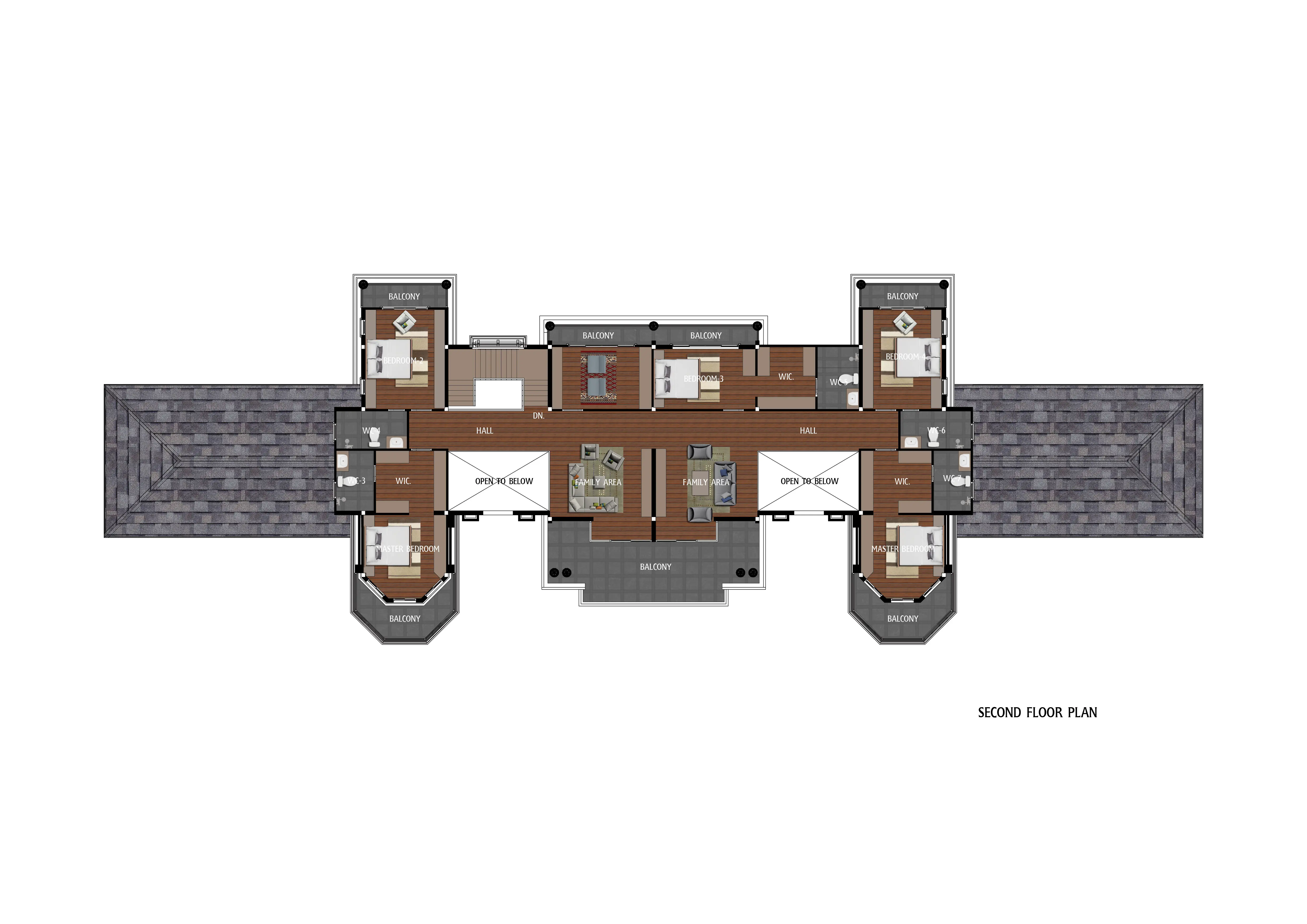 Second floor plan showing two master bedrooms, three additional bedrooms, family areas, balconies, walk-in closets, and bathrooms.