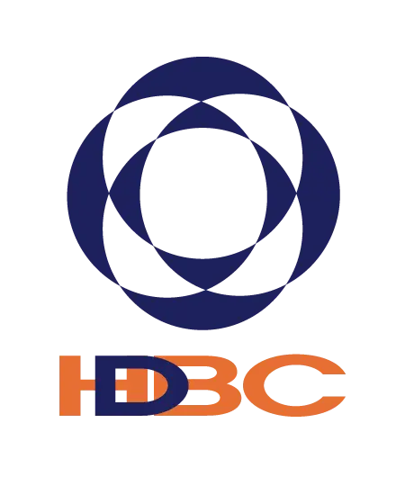 Logo with overlapping dark blue circular shapes above the letters 'HDBC' in orange and dark blue.