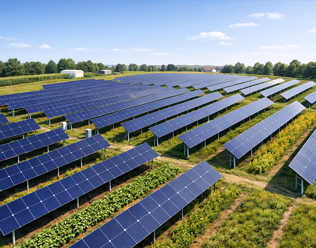 Agrivoltaična farma sa solarnim panelima iznad zelenih useva i biljaka pod plavim nebom.
