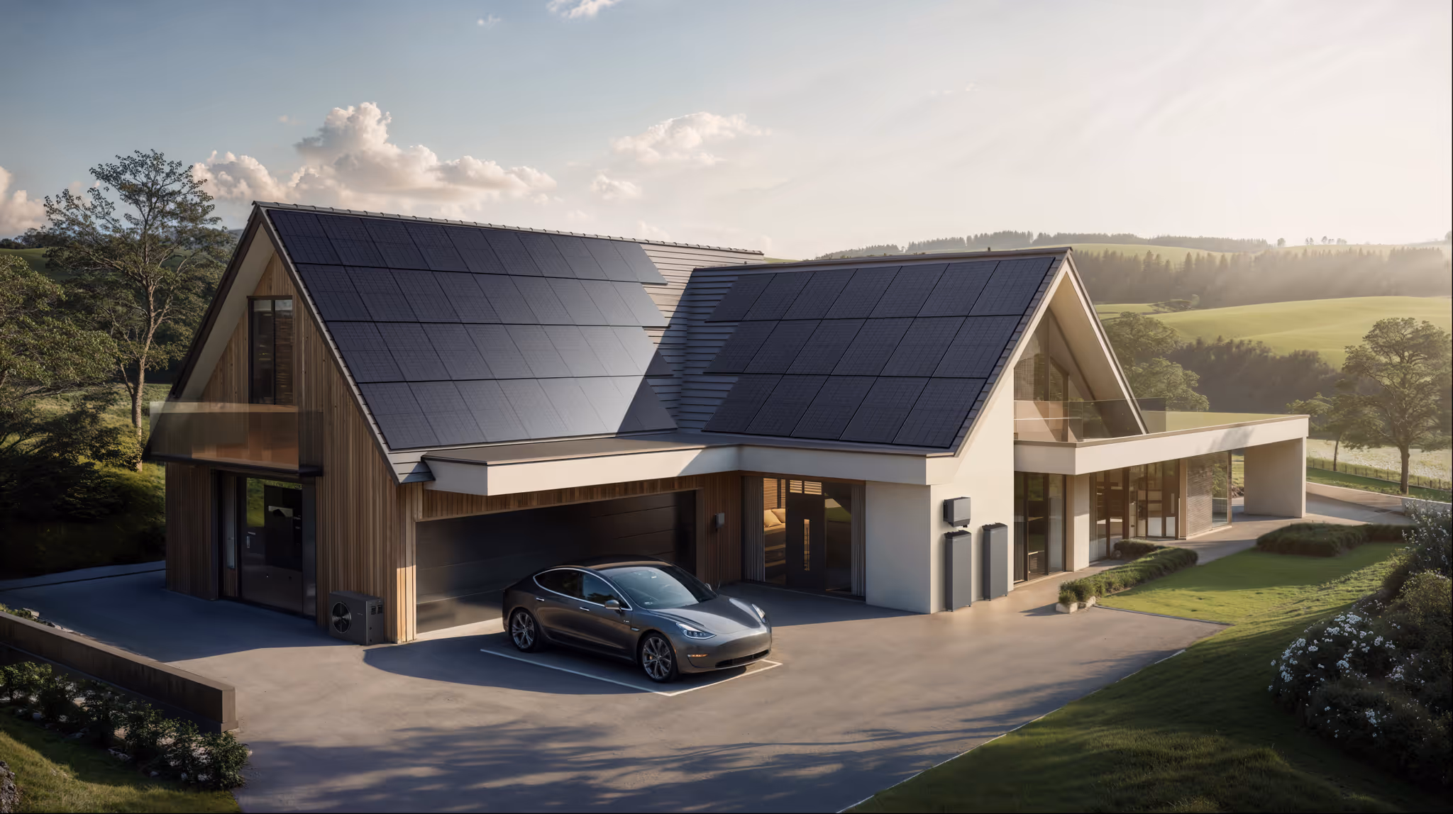 Modern house with solar panels on steep roofs and electric car parked outside in sunny rural setting.