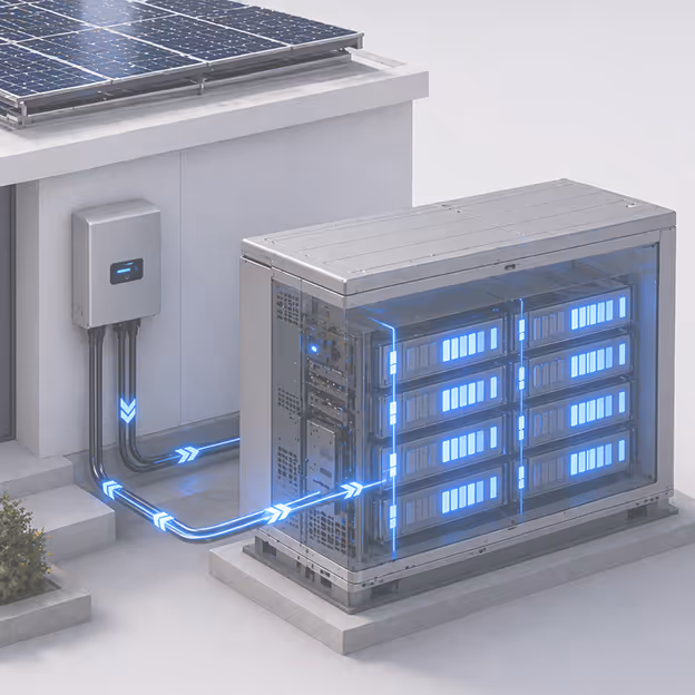 Connected buildings and homes linked to central energy storage with a glowing battery icon above.