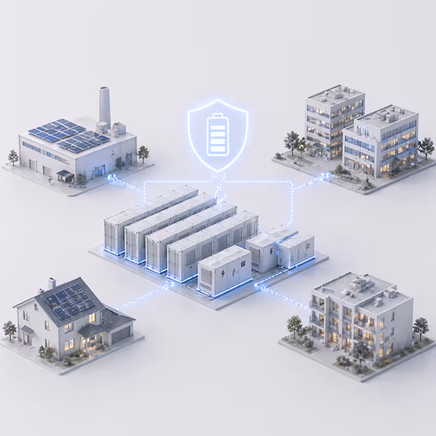 Energy storage unit connected to buildings and a house with solar panels, showing battery icon in shield.