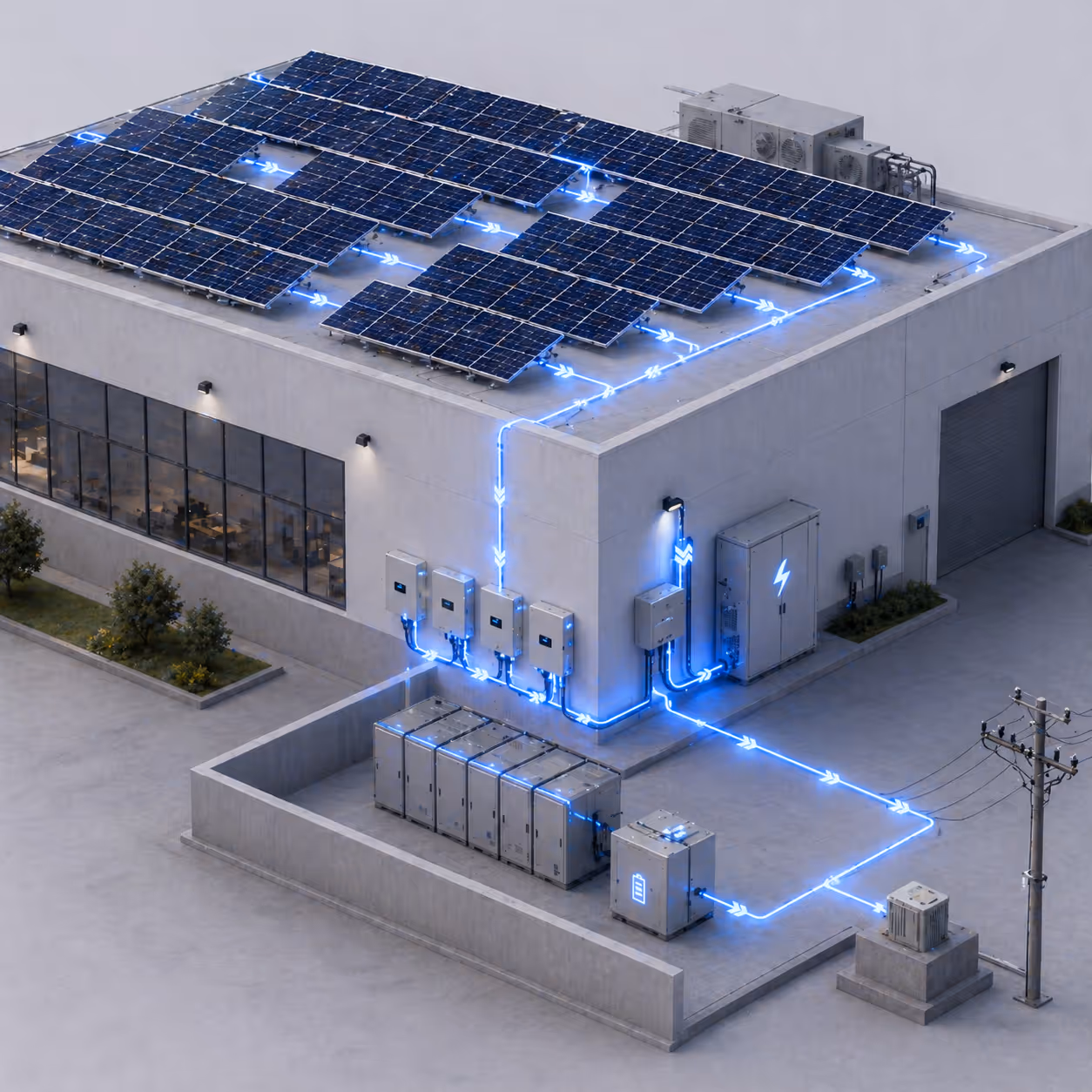 Building rooftop solar panels connected with glowing blue electric circuit lines to battery storage and power grid.