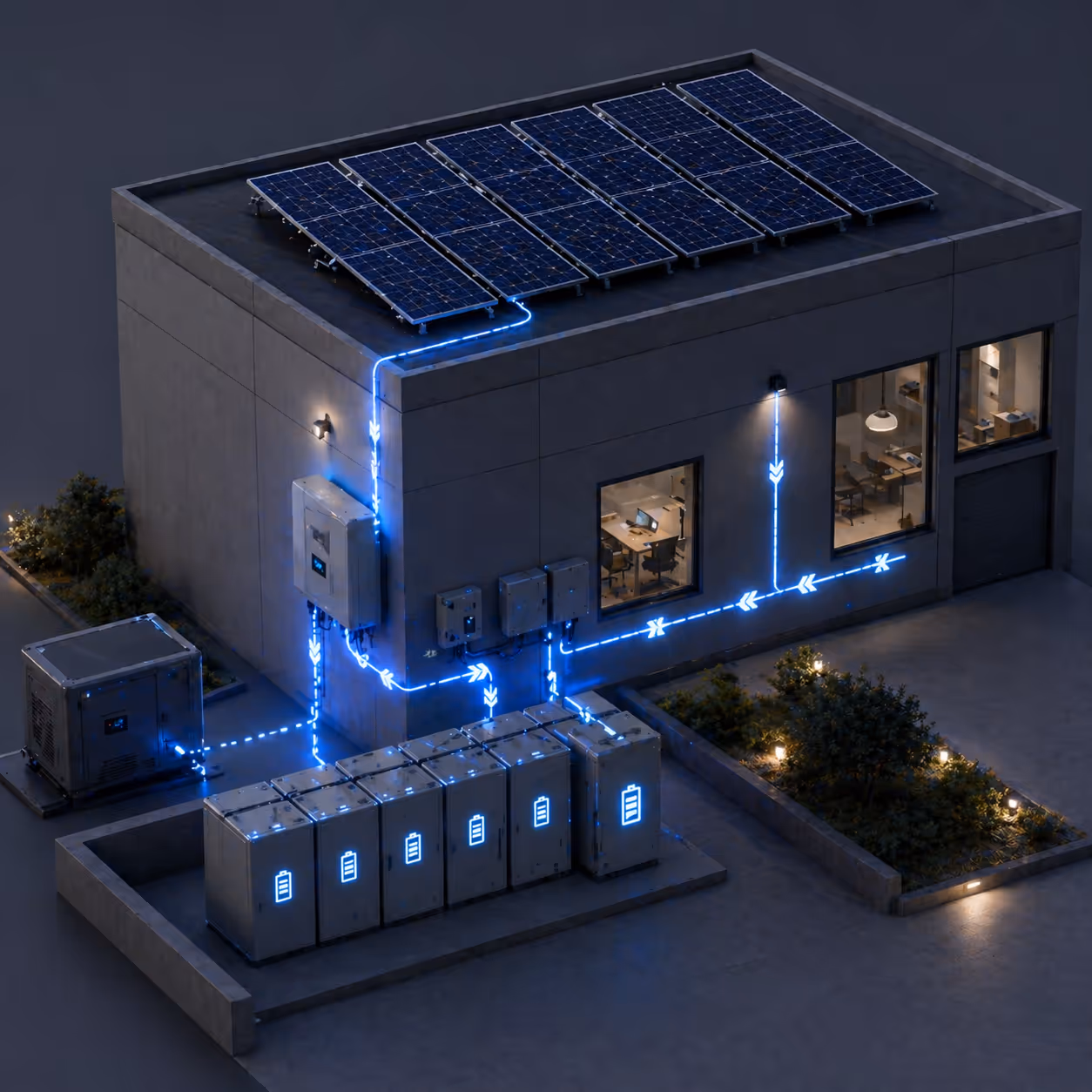 Building with rooftop solar panels connected by blue illuminated lines to battery storage and electrical systems.