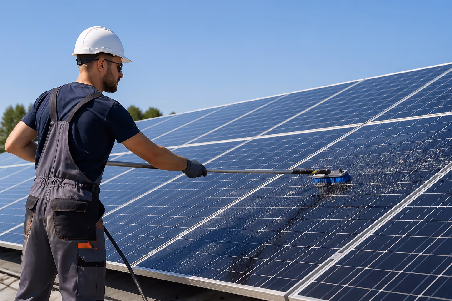 Man in safety gear cleaning large solar panels with a brush on a sunny day.