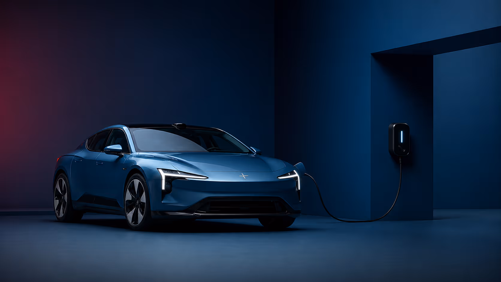 Blue electric car plugged into a charging station on a dark blue floor and walls.