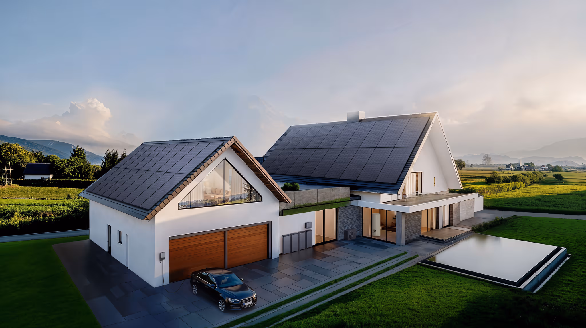 Modern house with large solar panels on the roof, a driveway with a black car, and green fields around.