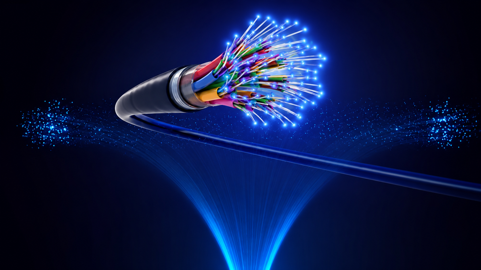 Close-up of fiber optic cable strands emitting blue light against a dark background.